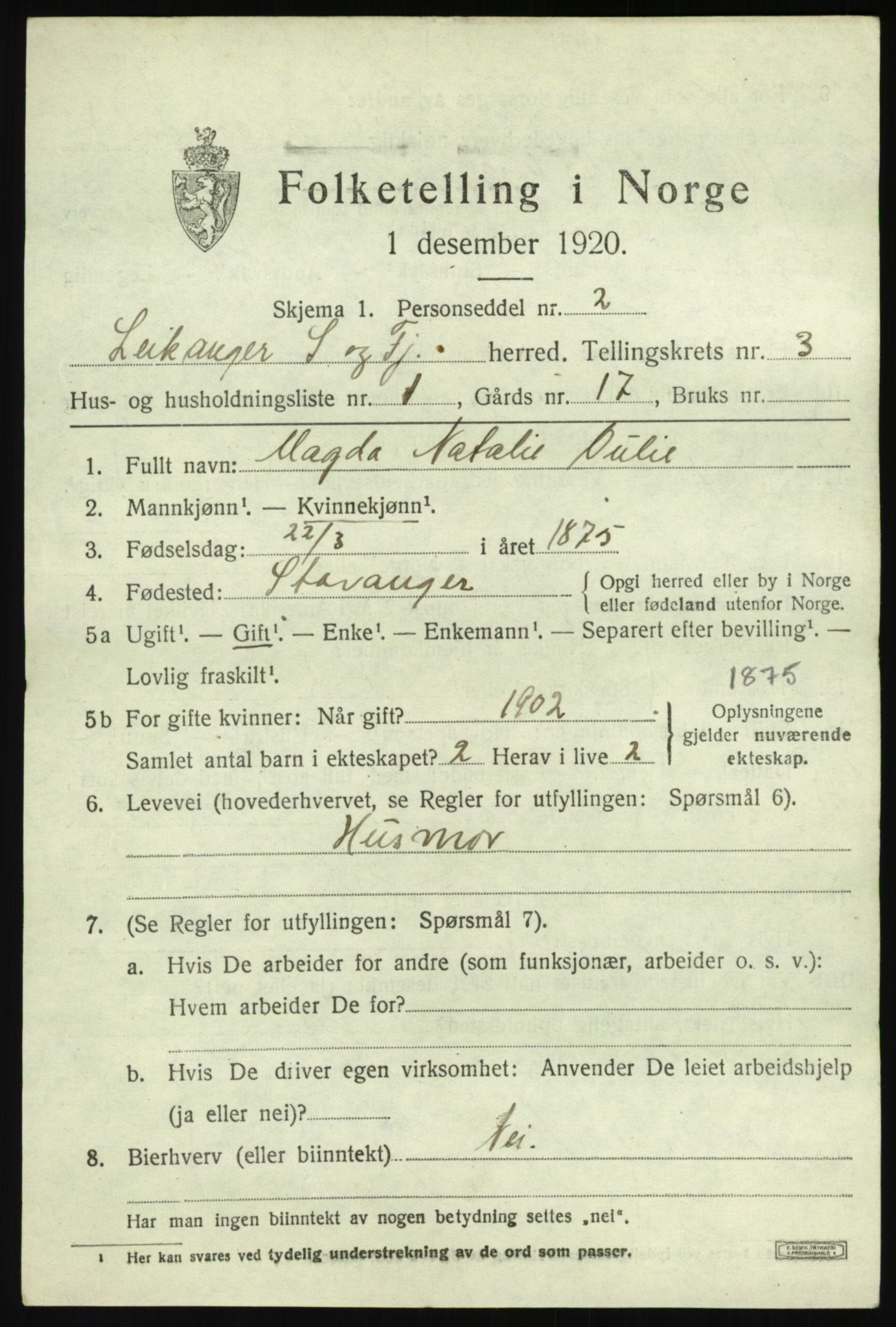 SAB, 1920 census for Leikanger, 1920, p. 2244