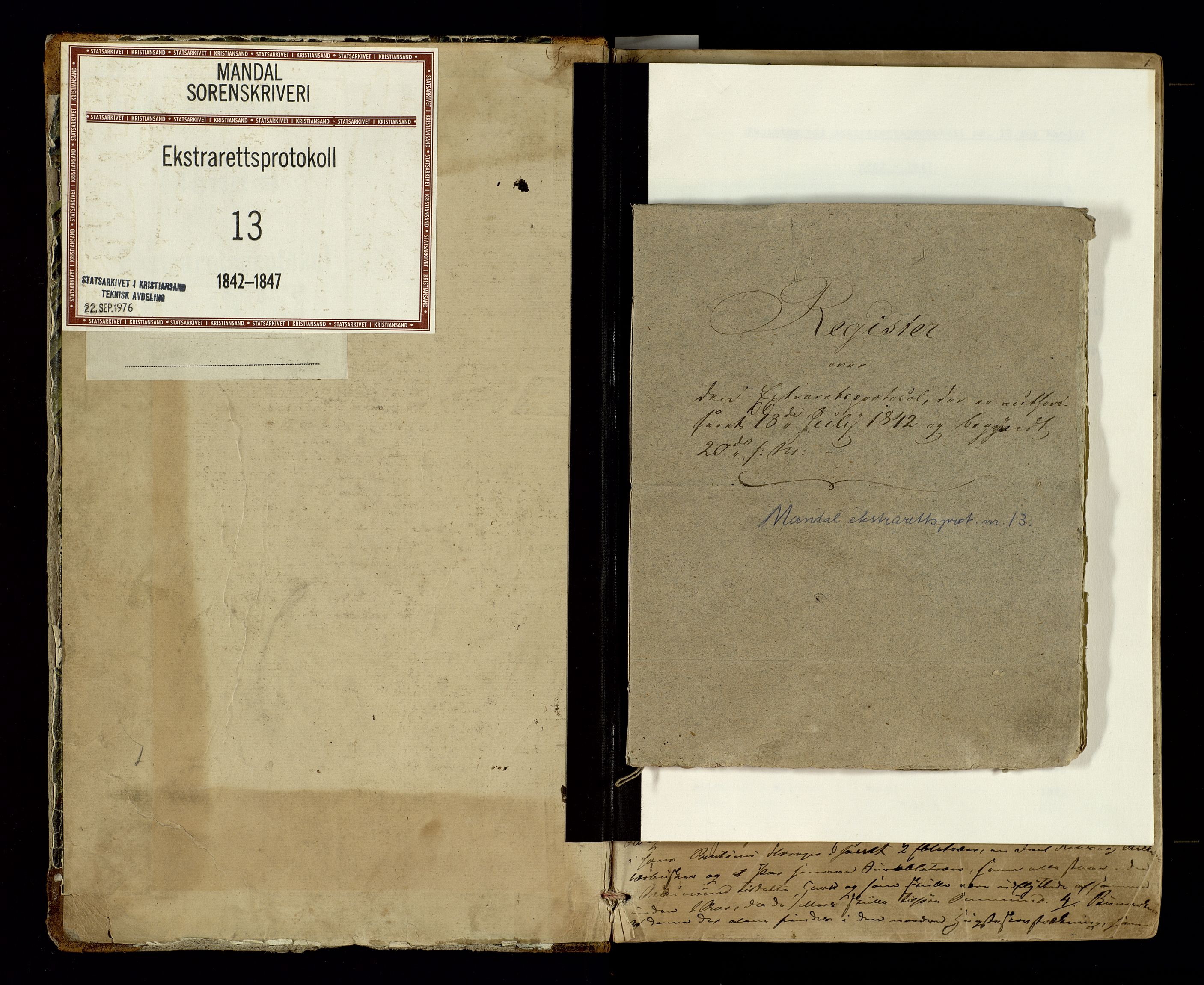 Mandal sorenskriveri, SAK/1221-0005/001/F/Fb/L0015: Ekstrarettsprotokoll med register for fast eiendom nr 13, 1842-1847
