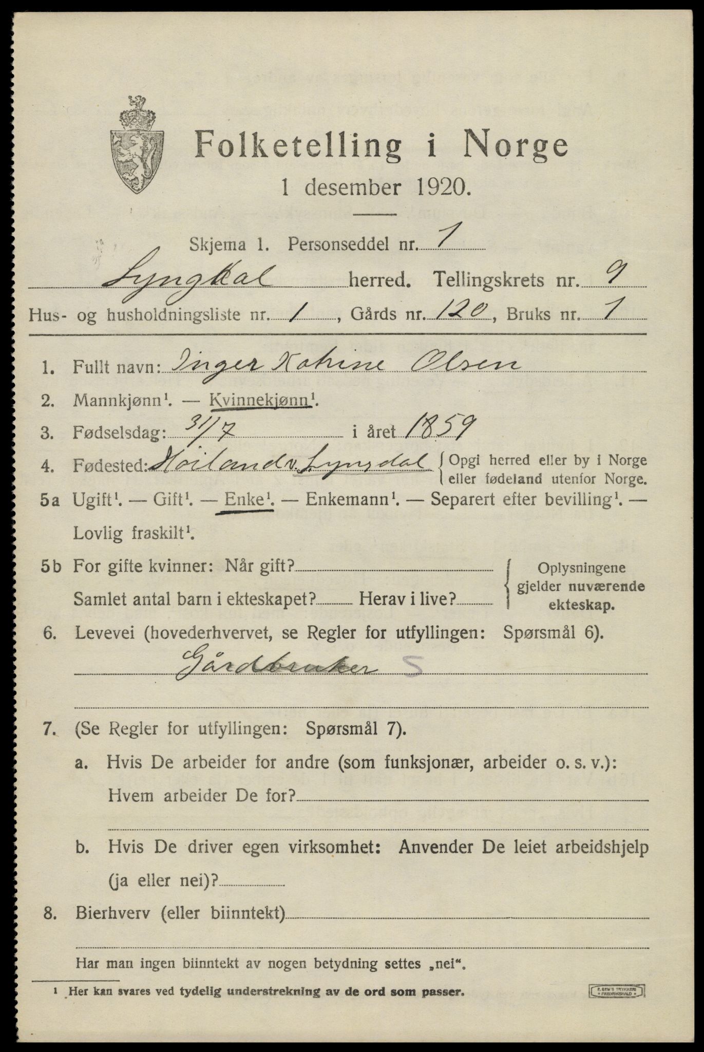 SAK, 1920 census for Lyngdal, 1920, p. 4623