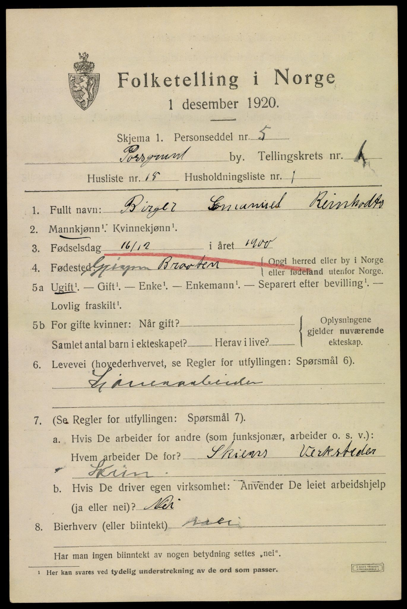 SAKO, 1920 census for Porsgrunn, 1920, p. 7255