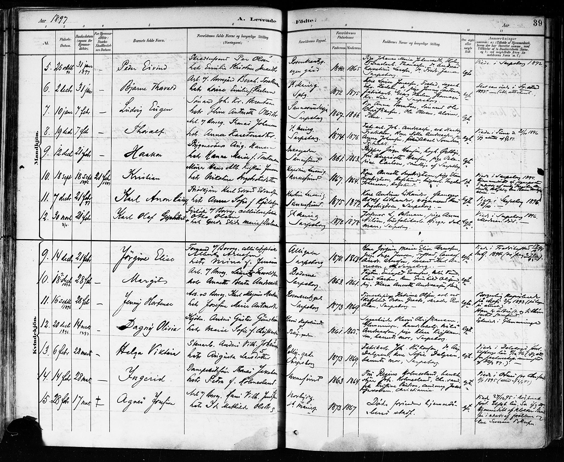 Sarpsborg prestekontor Kirkebøker, AV/SAO-A-2006/F/Fa/L0004: Parish register (official) no. 4, 1892-1899, p. 39