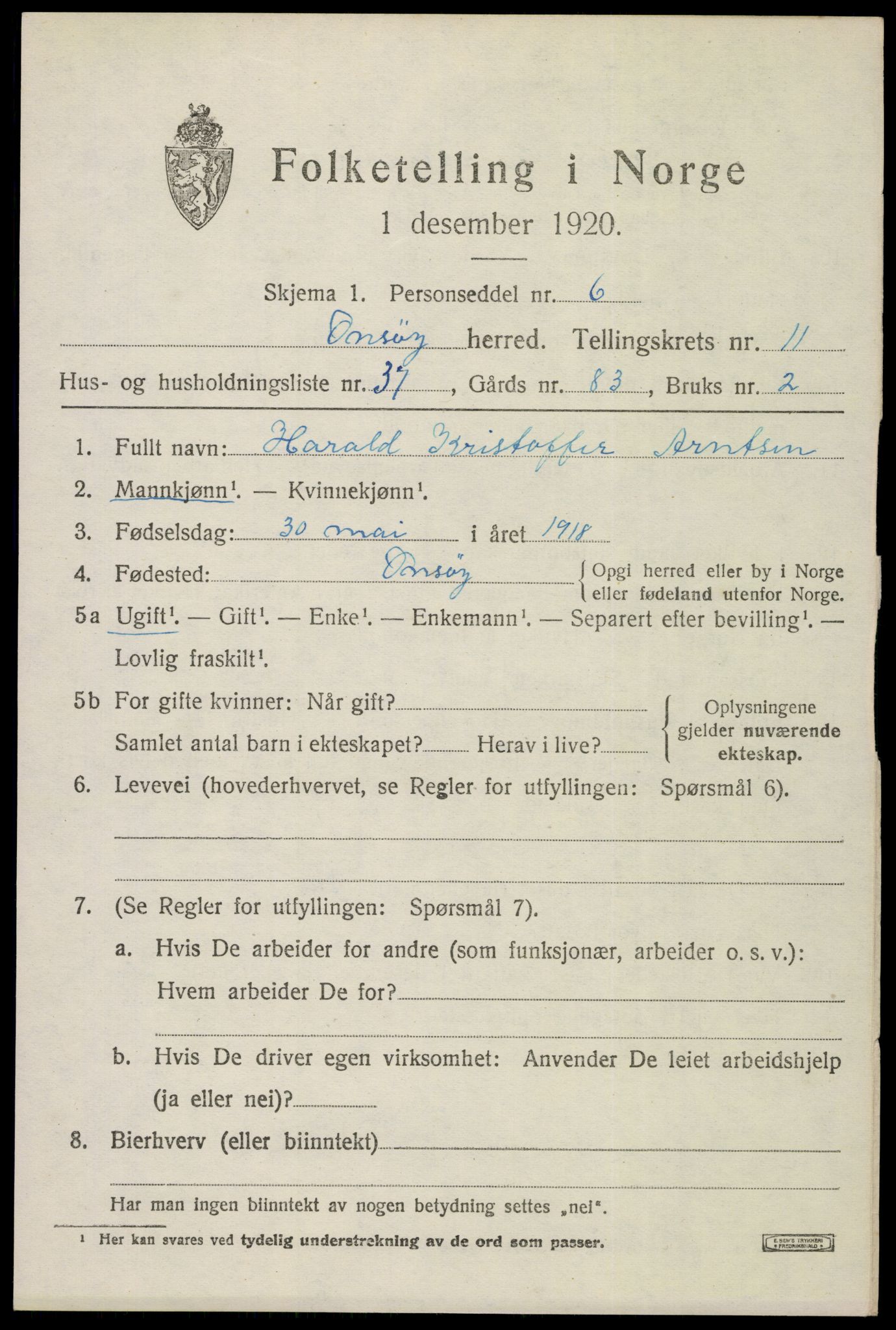 SAO, 1920 census for Onsøy, 1920, p. 14750