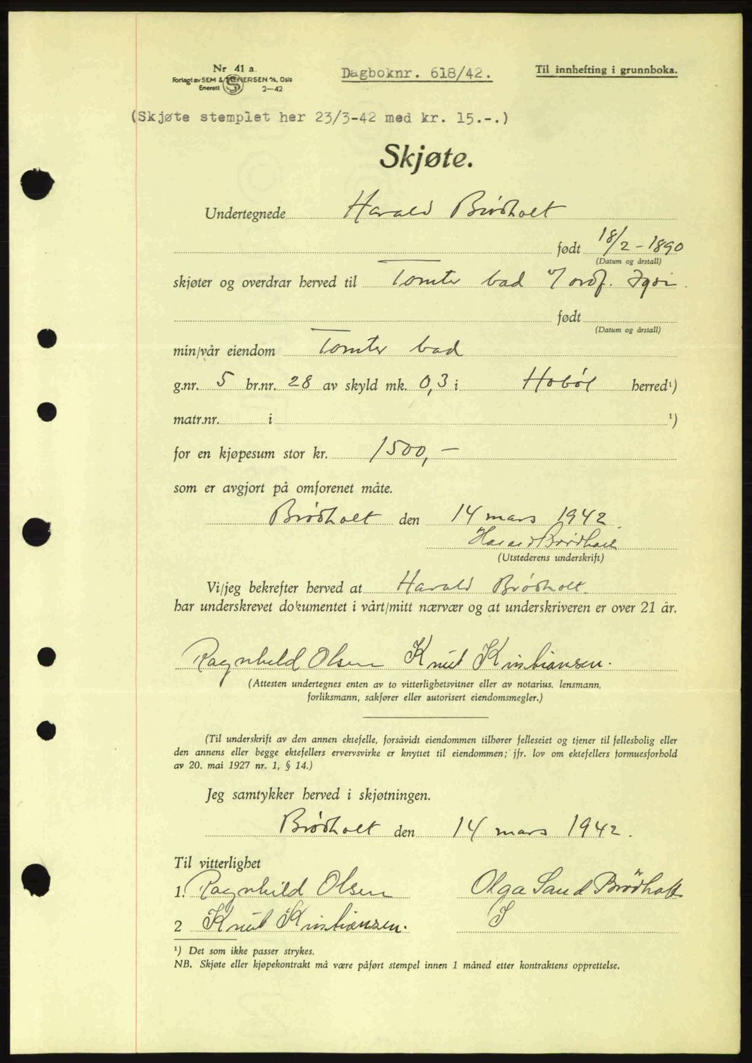 Moss sorenskriveri, SAO/A-10168: Mortgage book no. A9, 1941-1942, Diary no: : 618/1942