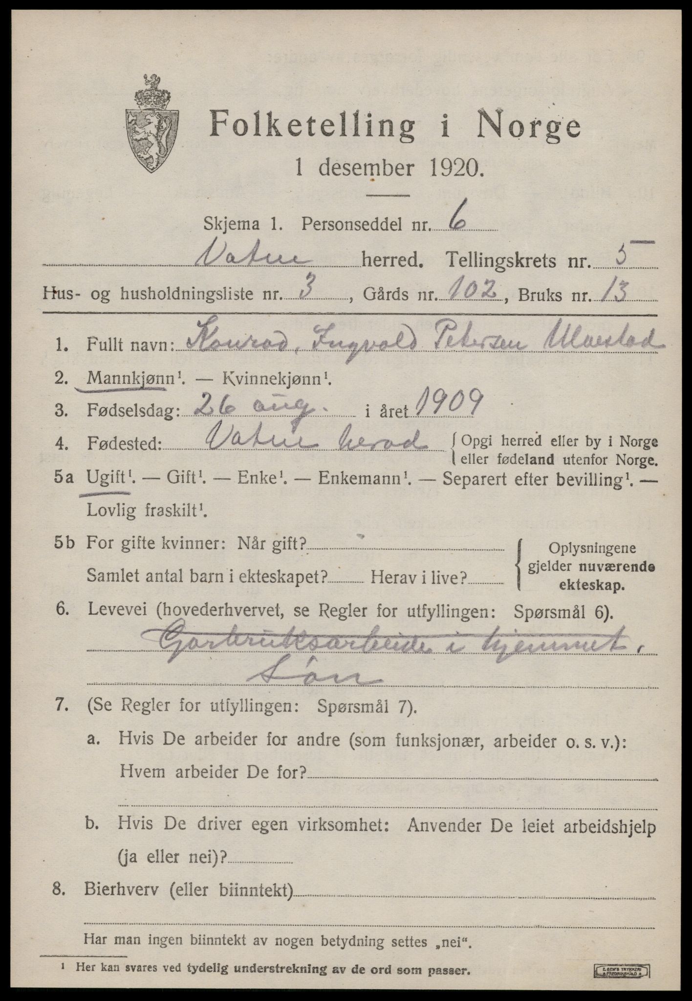 SAT, 1920 census for Vatne, 1920, p. 2176