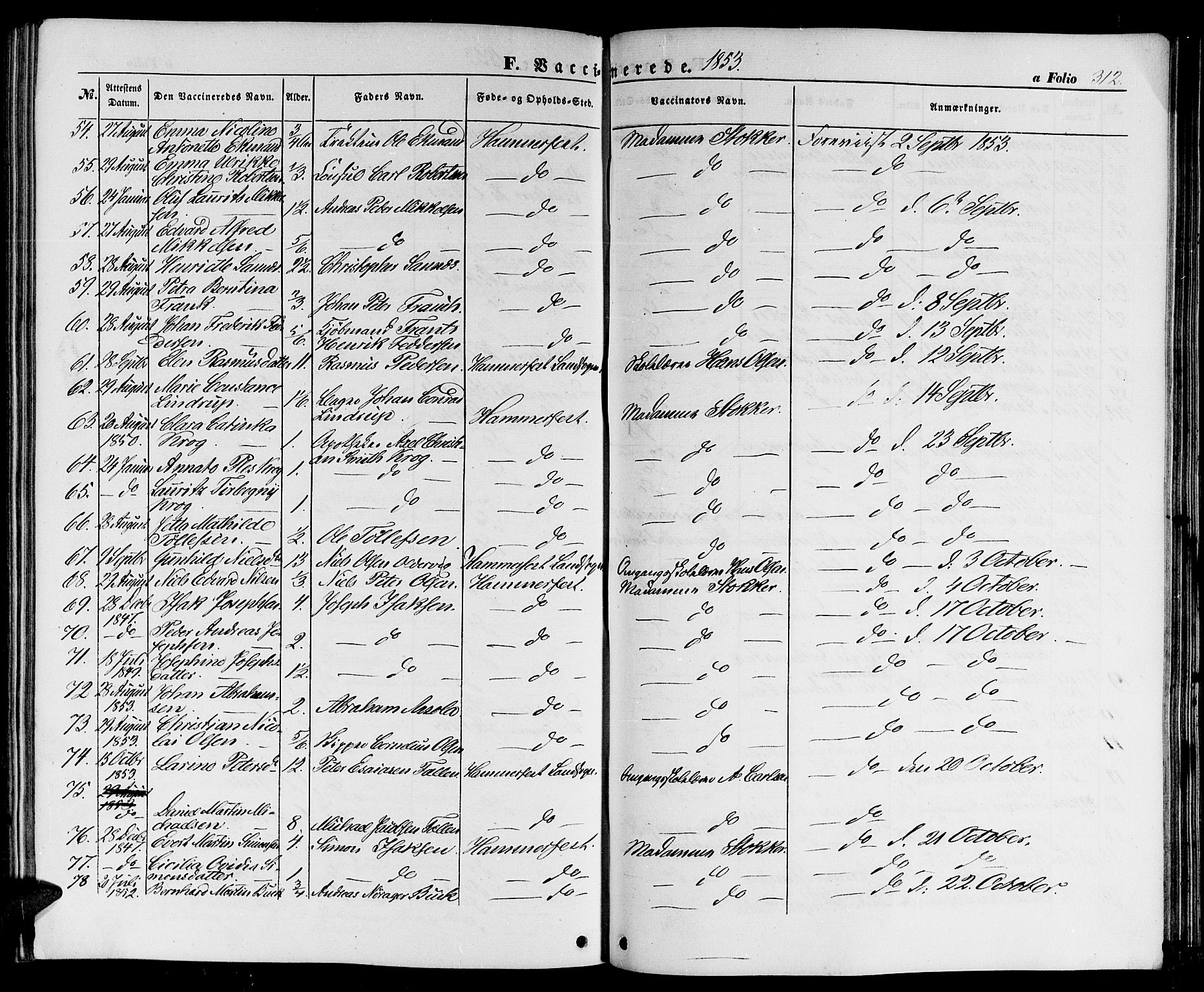 Hammerfest sokneprestkontor, AV/SATØ-S-1347/H/Hb/L0002.klokk: Parish register (copy) no. 2, 1851-1861, p. 312