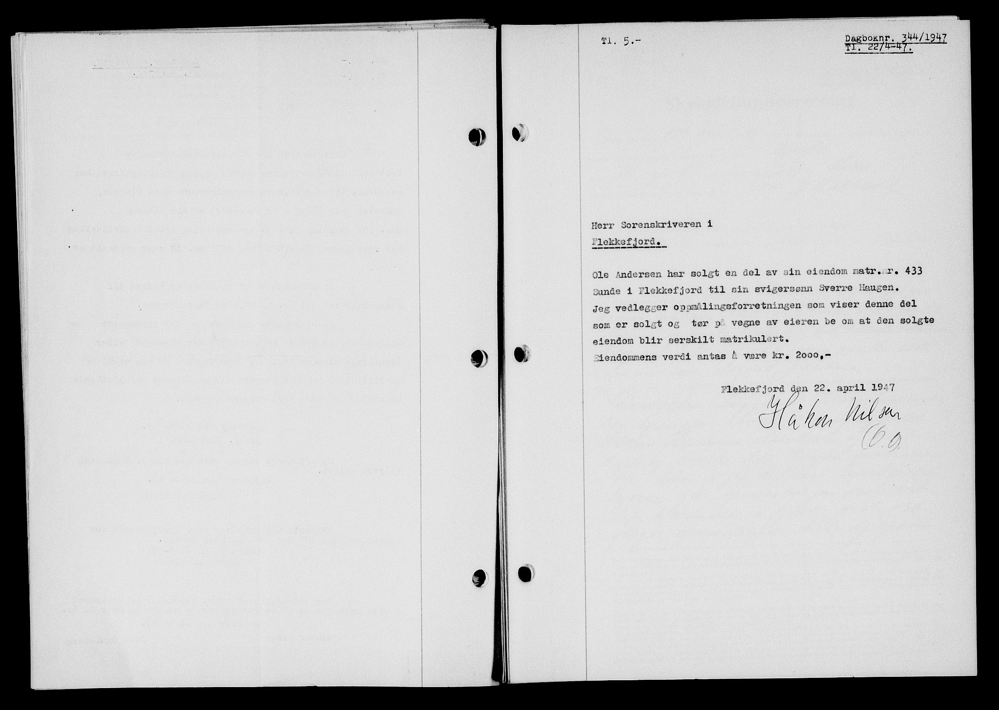 Flekkefjord sorenskriveri, SAK/1221-0001/G/Gb/Gba/L0062: Mortgage book no. A-10, 1947-1947, Diary no: : 344/1947