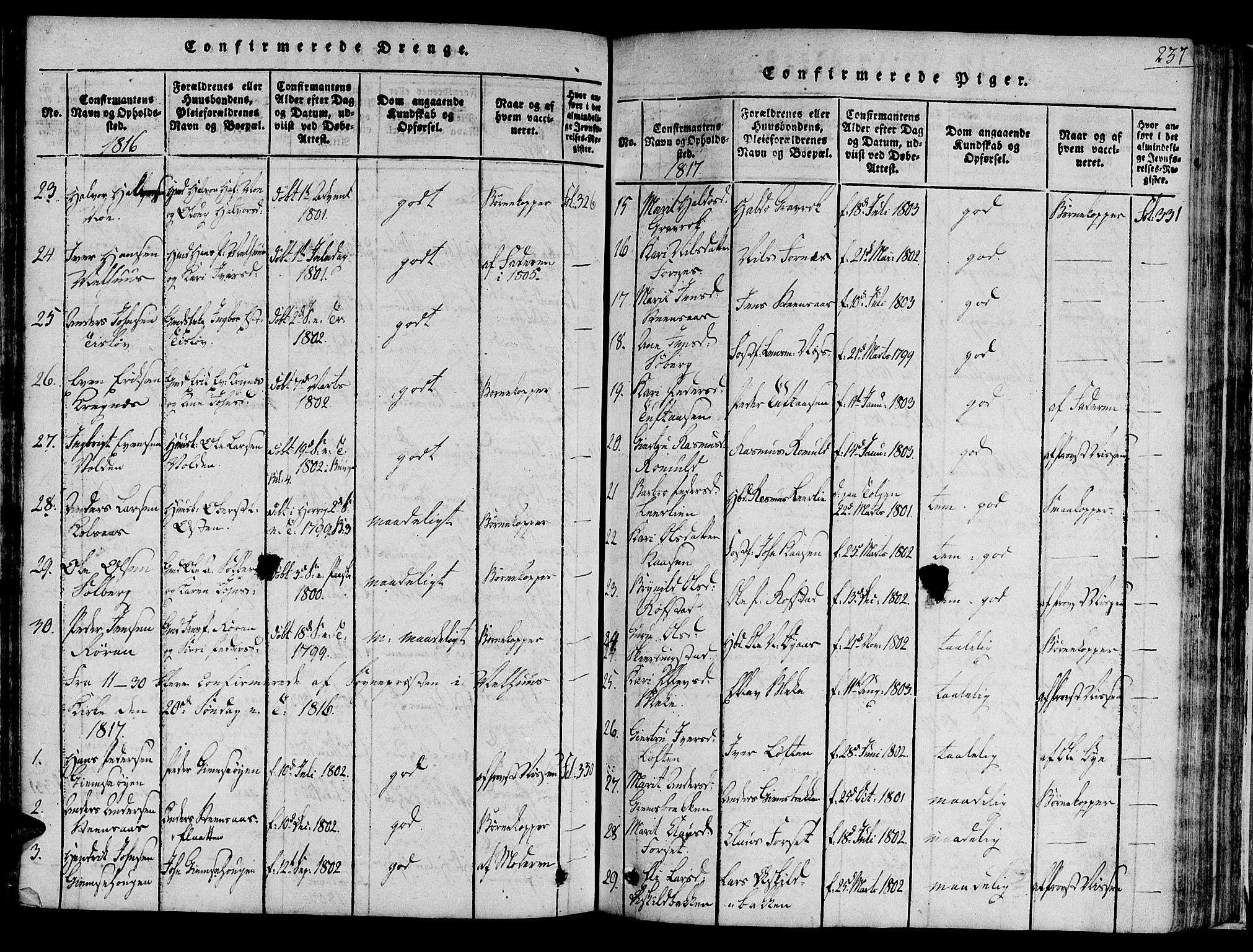 Ministerialprotokoller, klokkerbøker og fødselsregistre - Sør-Trøndelag, SAT/A-1456/691/L1065: Parish register (official) no. 691A03 /1, 1816-1826, p. 237