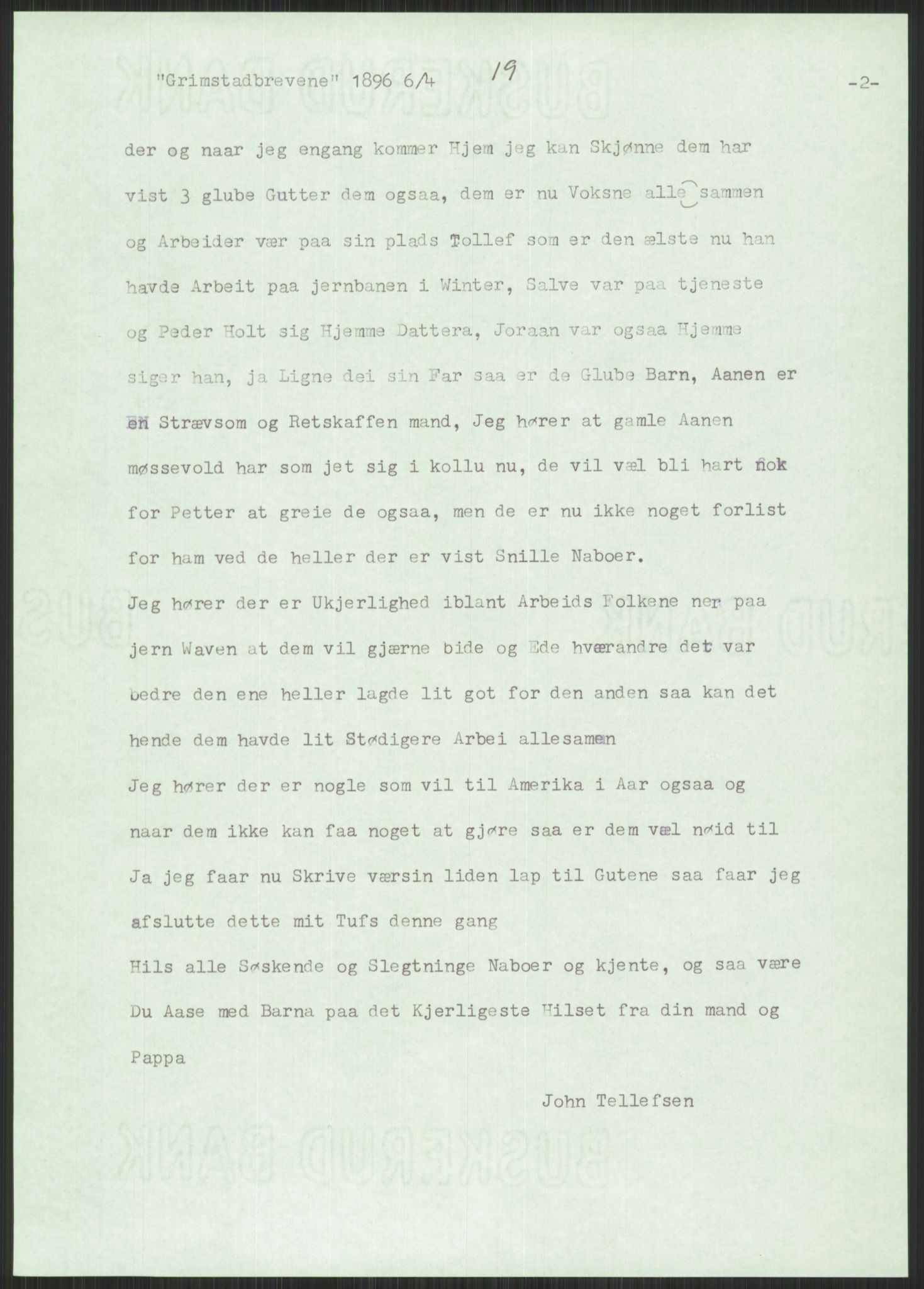 Samlinger til kildeutgivelse, Amerikabrevene, AV/RA-EA-4057/F/L0025: Innlån fra Aust-Agder: Aust-Agder-Arkivet, Grimstadbrevene, 1838-1914, p. 177