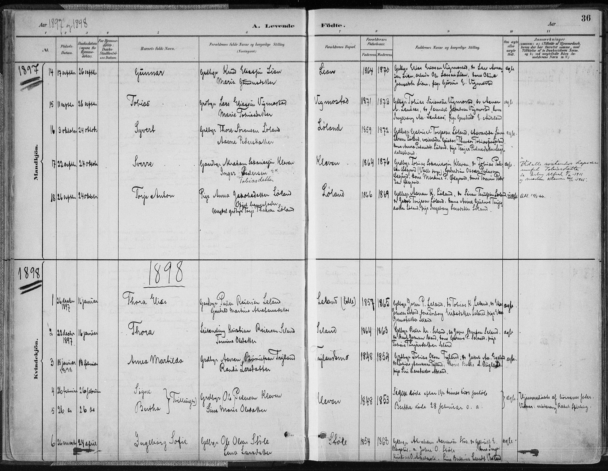 Nord-Audnedal sokneprestkontor, AV/SAK-1111-0032/F/Fa/Fab/L0003: Parish register (official) no. A 3, 1882-1900, p. 36