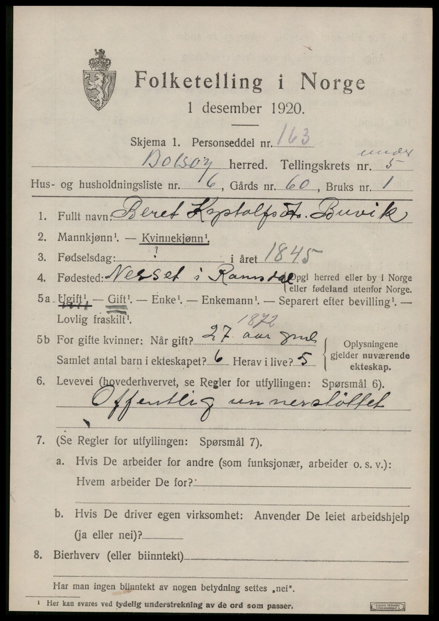 SAT, 1920 census for Bolsøy, 1920, p. 7525