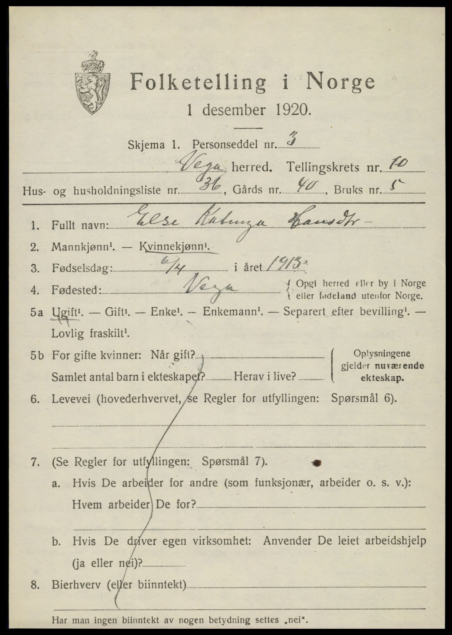 SAT, 1920 census for Vega, 1920, p. 5491