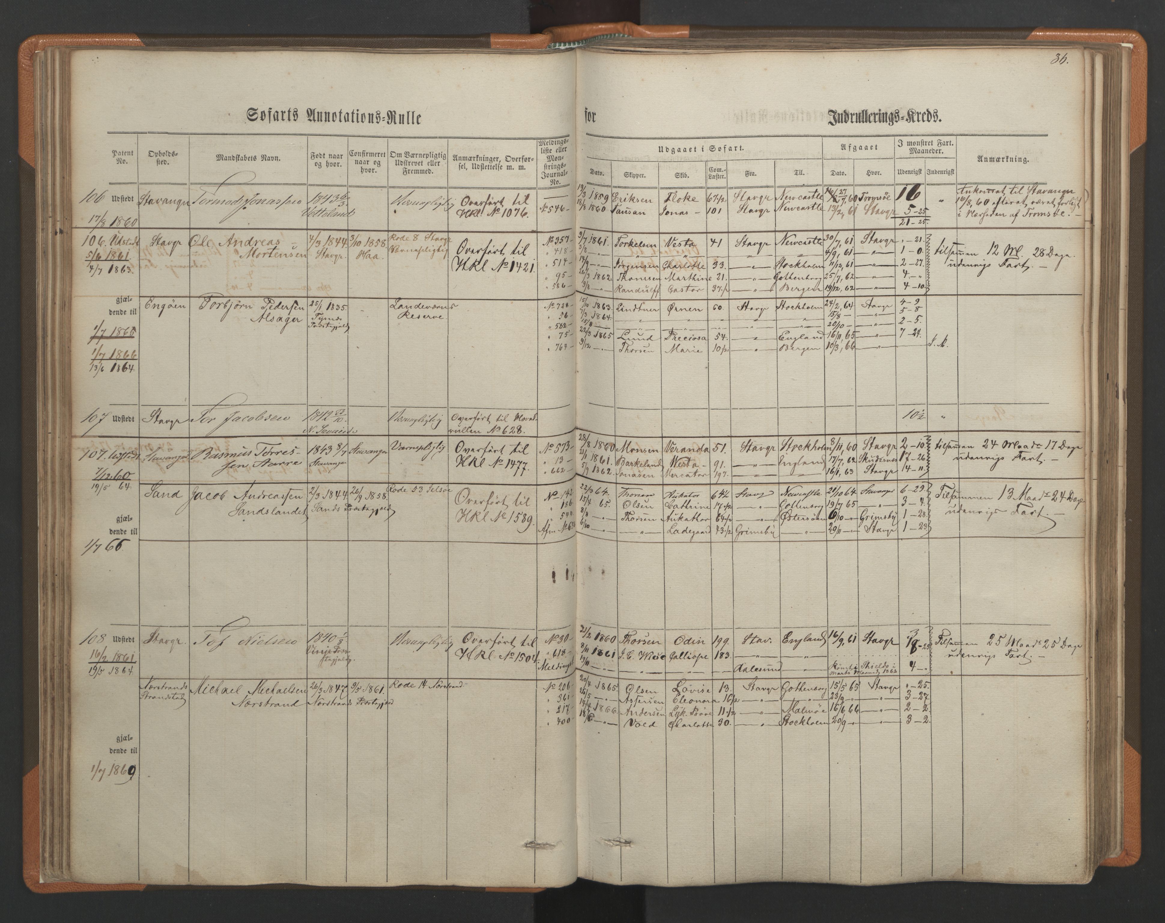 Stavanger sjømannskontor, SAST/A-102006/F/Ff/L0001: Annotasjonsrulle, patentnr. 1-597 (del 1), 1860-1864, p. 43