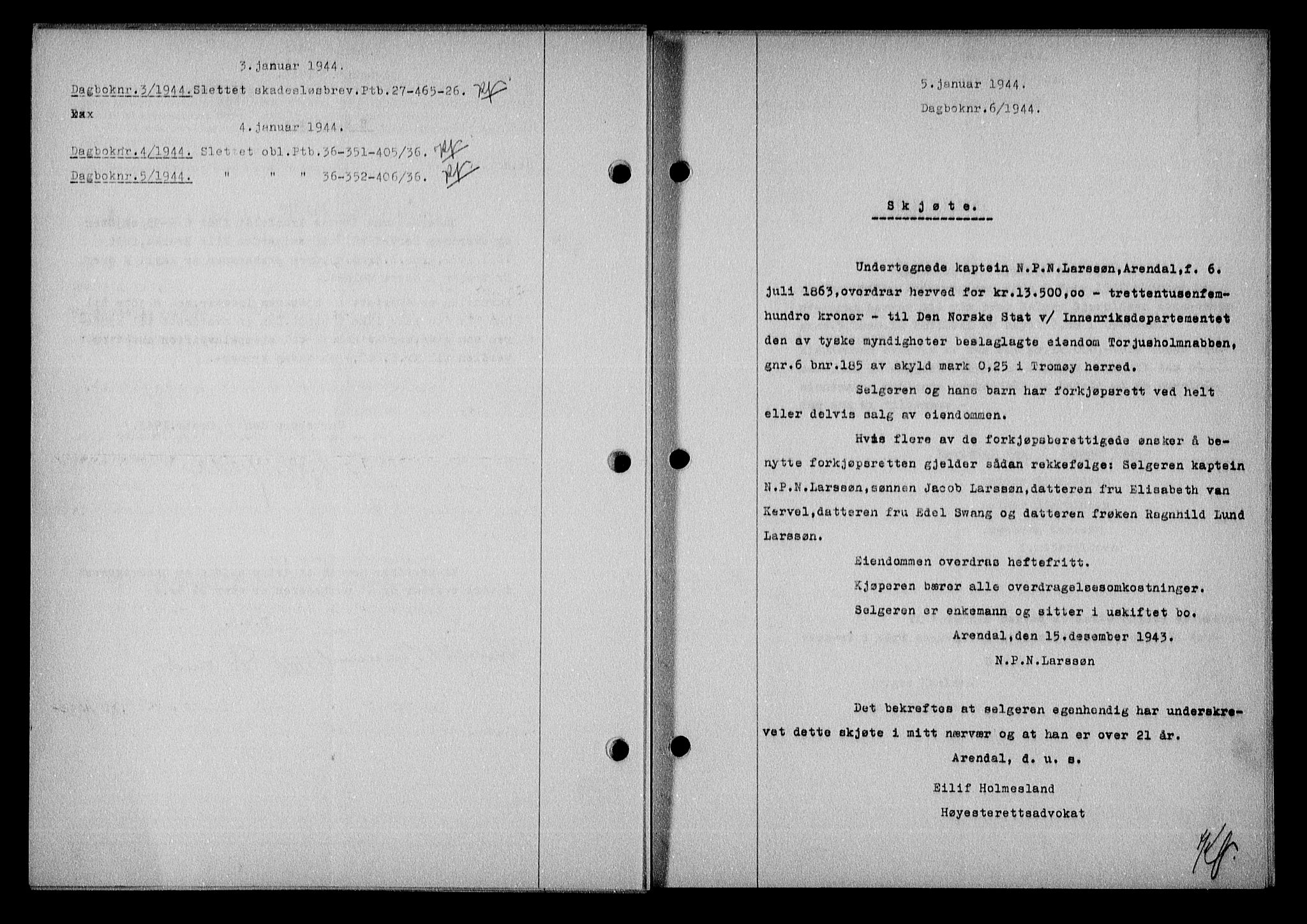 Nedenes sorenskriveri, SAK/1221-0006/G/Gb/Gba/L0051: Mortgage book no. A-V, 1943-1944, Diary no: : 6/1944