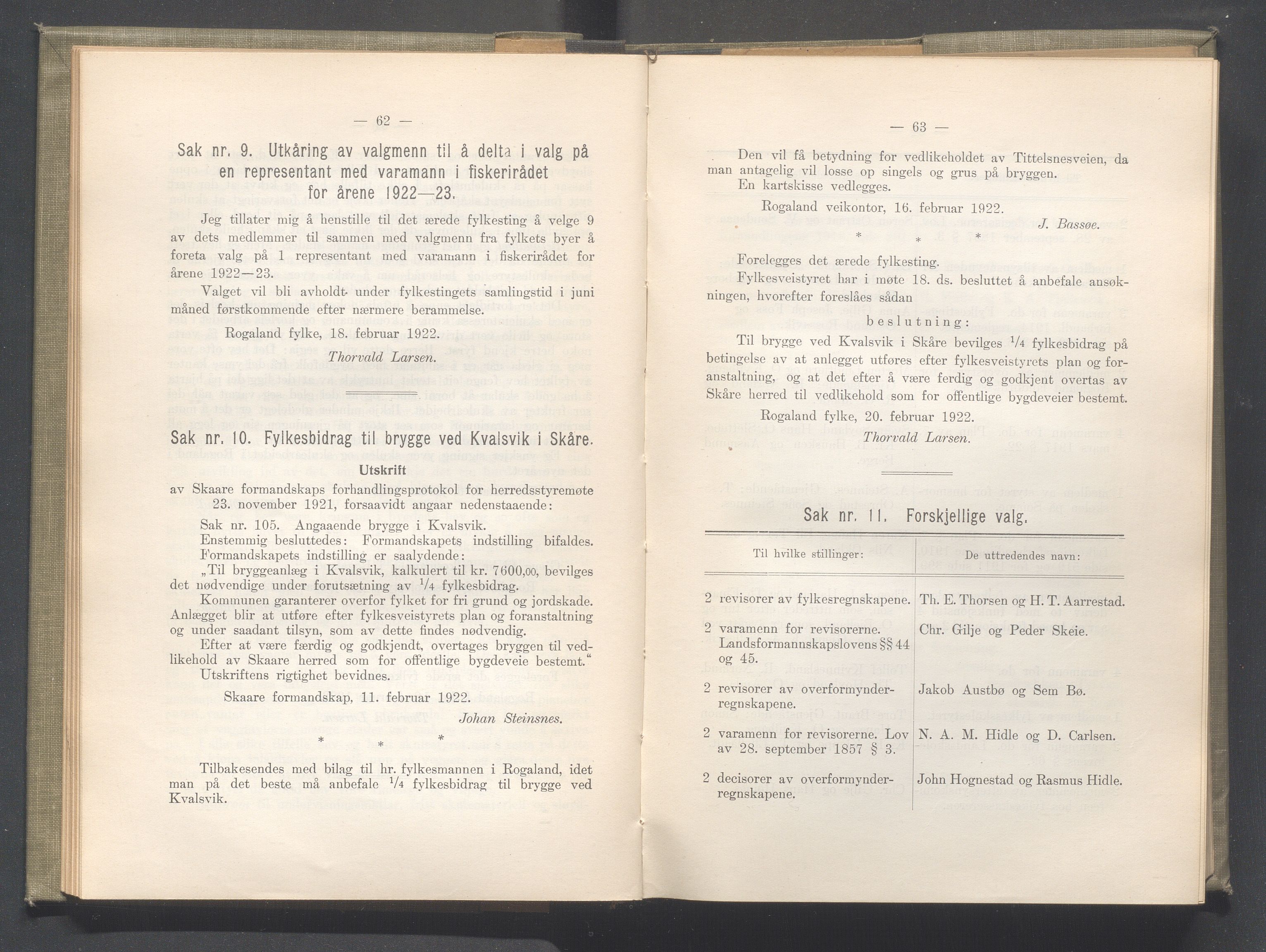 Rogaland fylkeskommune - Fylkesrådmannen , IKAR/A-900/A/Aa/Aaa/L0041: Møtebok , 1922, p. 62-63