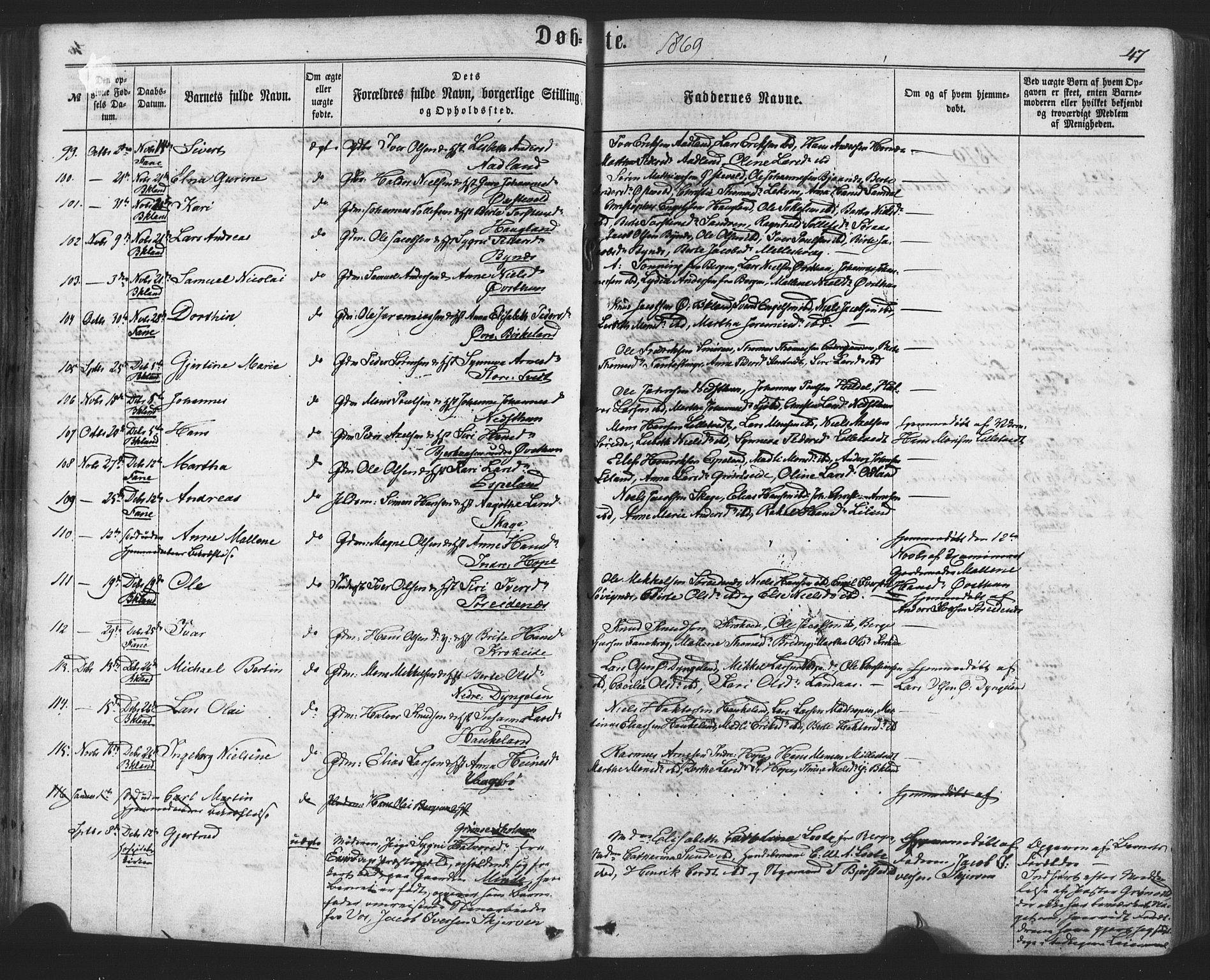 Fana Sokneprestembete, SAB/A-75101/H/Haa/Haaa/L0012: Parish register (official) no. A 12, 1862-1878, p. 47