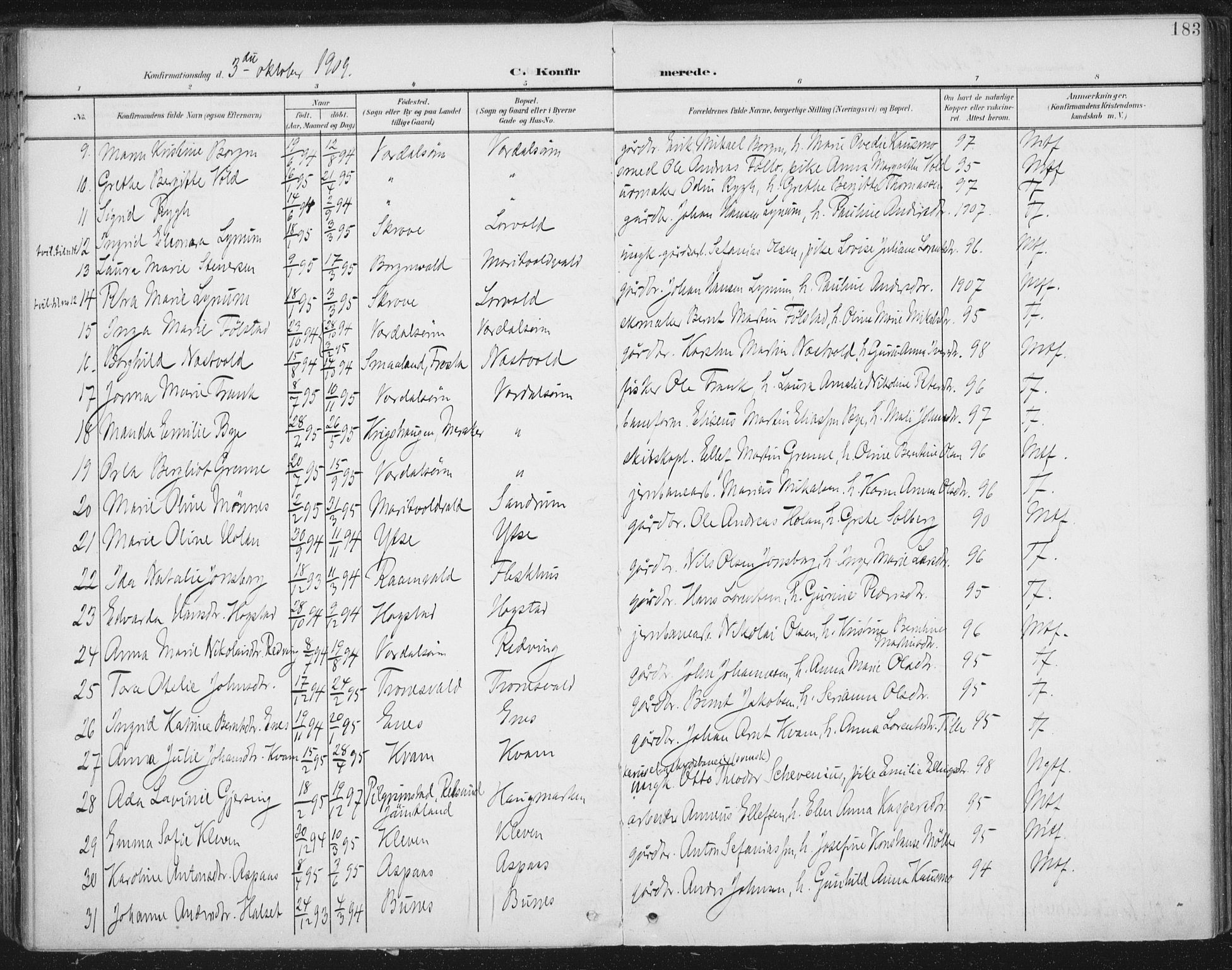Ministerialprotokoller, klokkerbøker og fødselsregistre - Nord-Trøndelag, SAT/A-1458/723/L0246: Parish register (official) no. 723A15, 1900-1917, p. 183