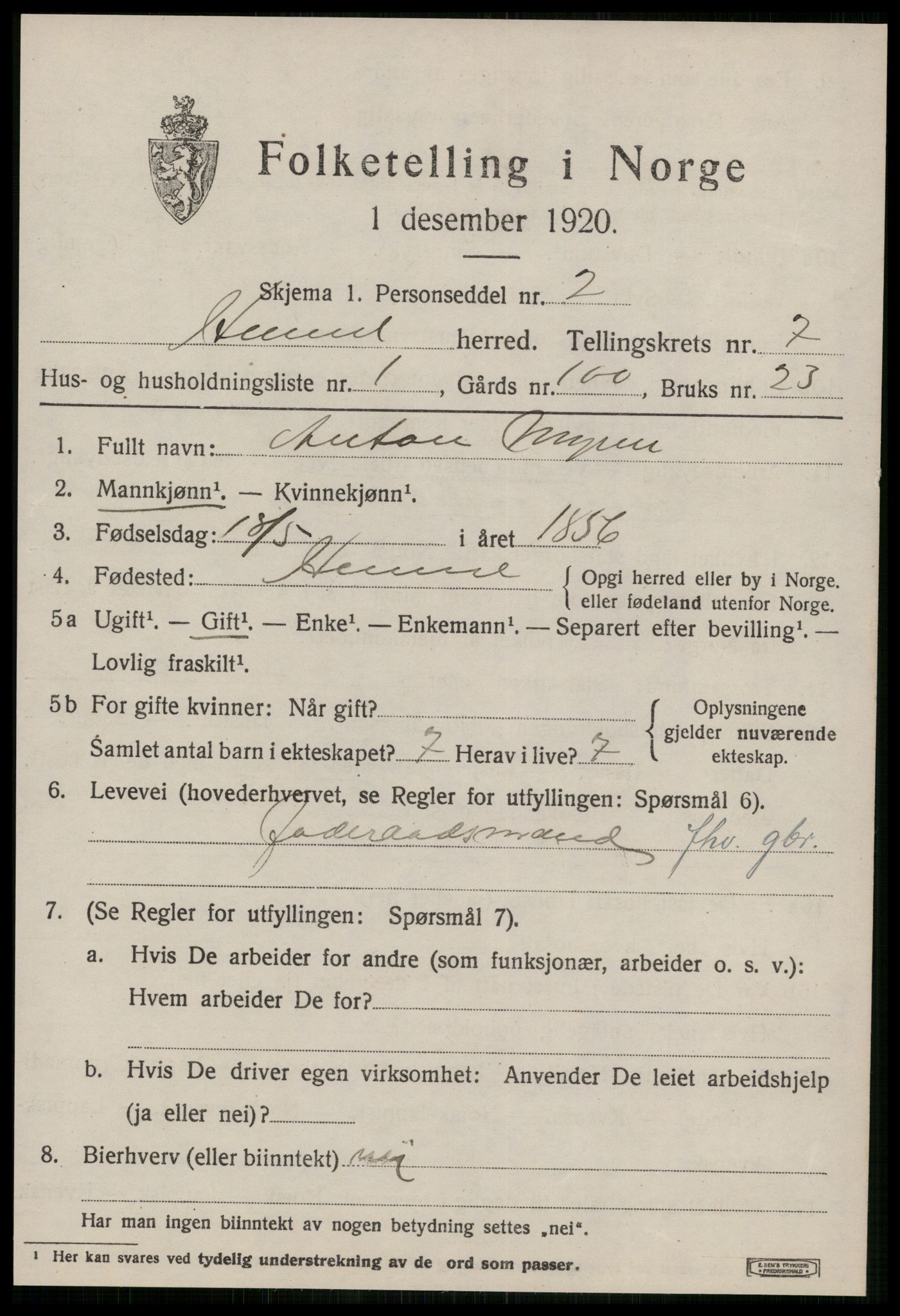 SAT, 1920 census for Hemne, 1920, p. 3996