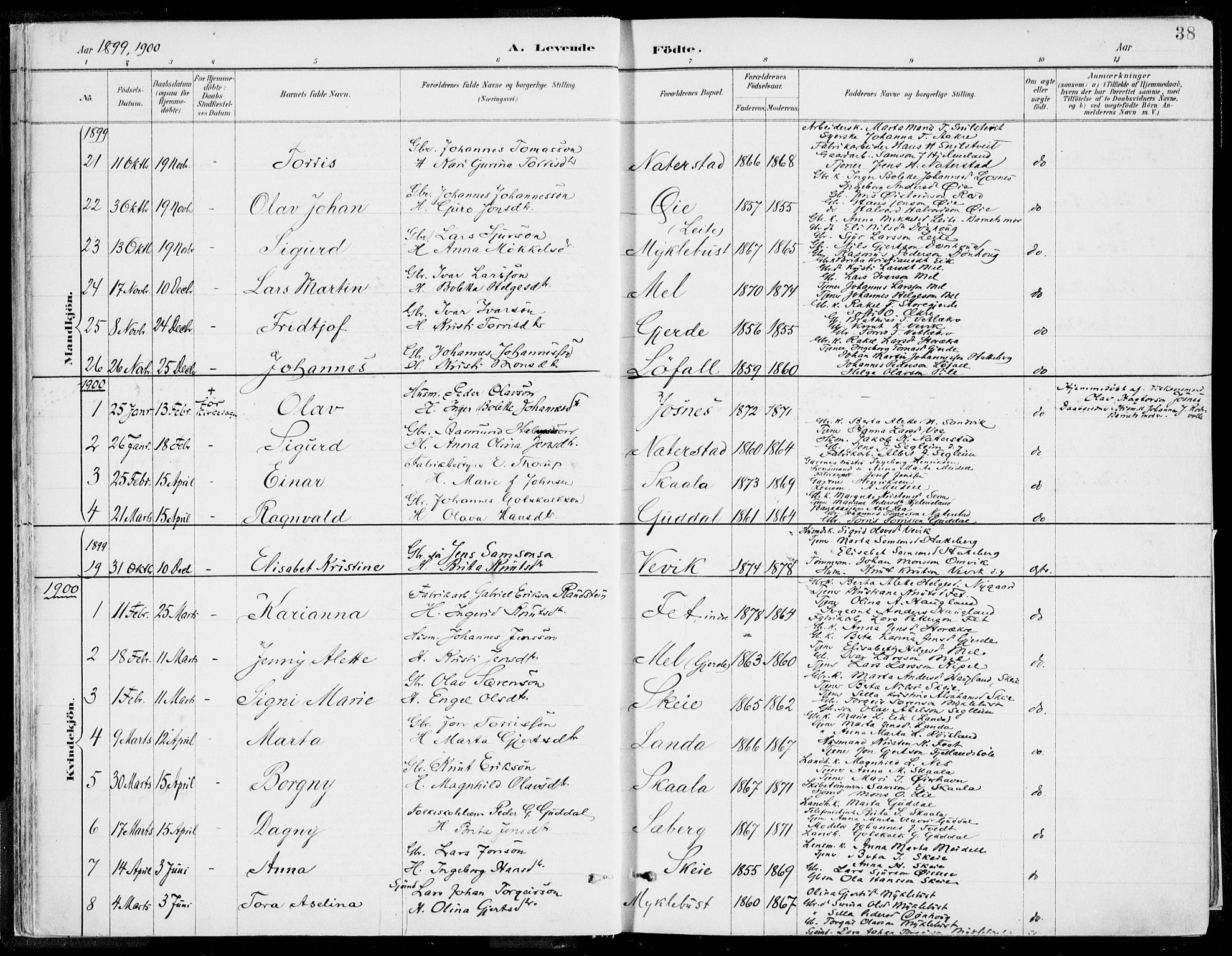 Kvinnherad sokneprestembete, SAB/A-76401/H/Haa: Parish register (official) no. B  1, 1887-1921, p. 38
