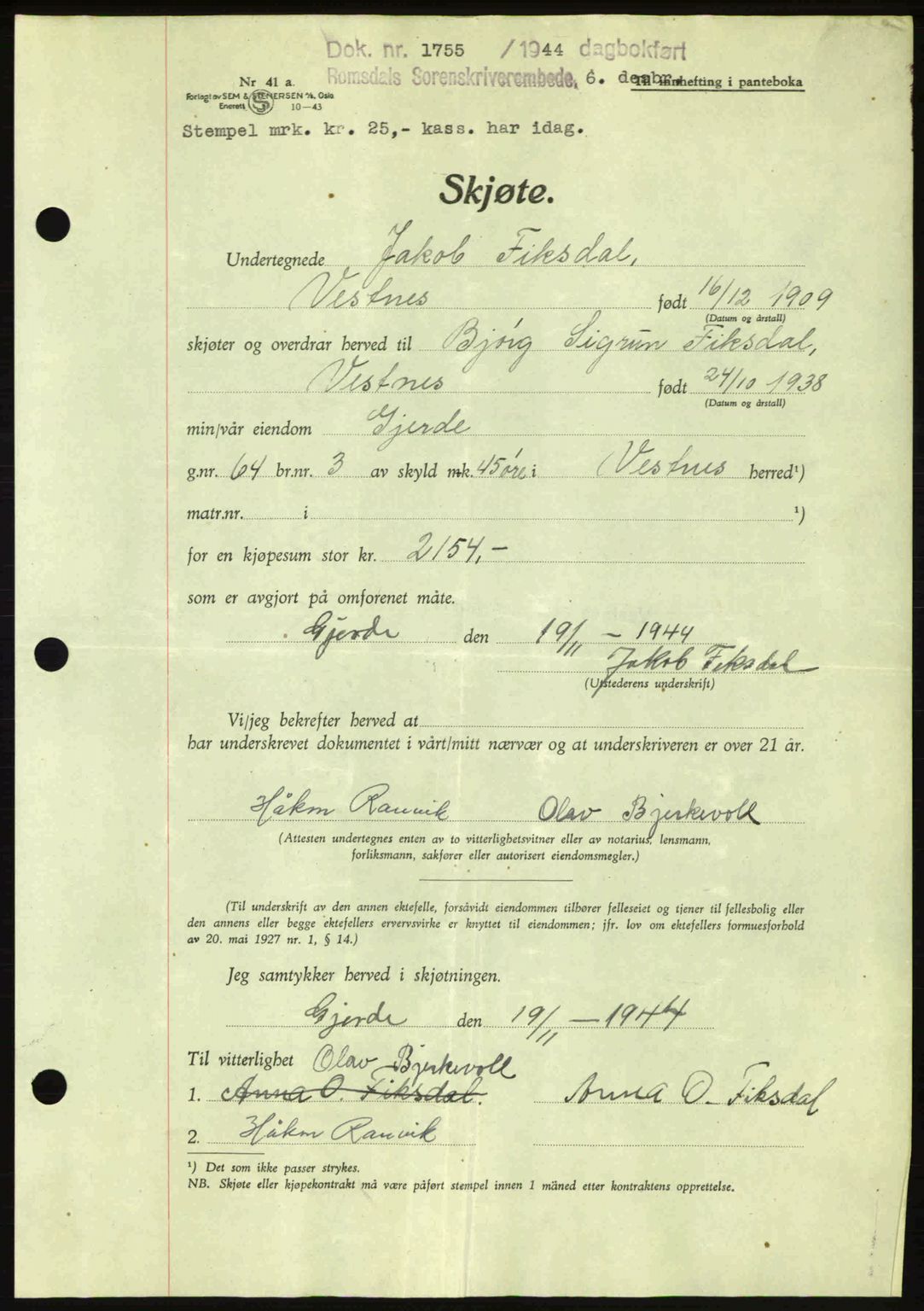 Romsdal sorenskriveri, AV/SAT-A-4149/1/2/2C: Mortgage book no. A17, 1944-1945, Diary no: : 1755/1944