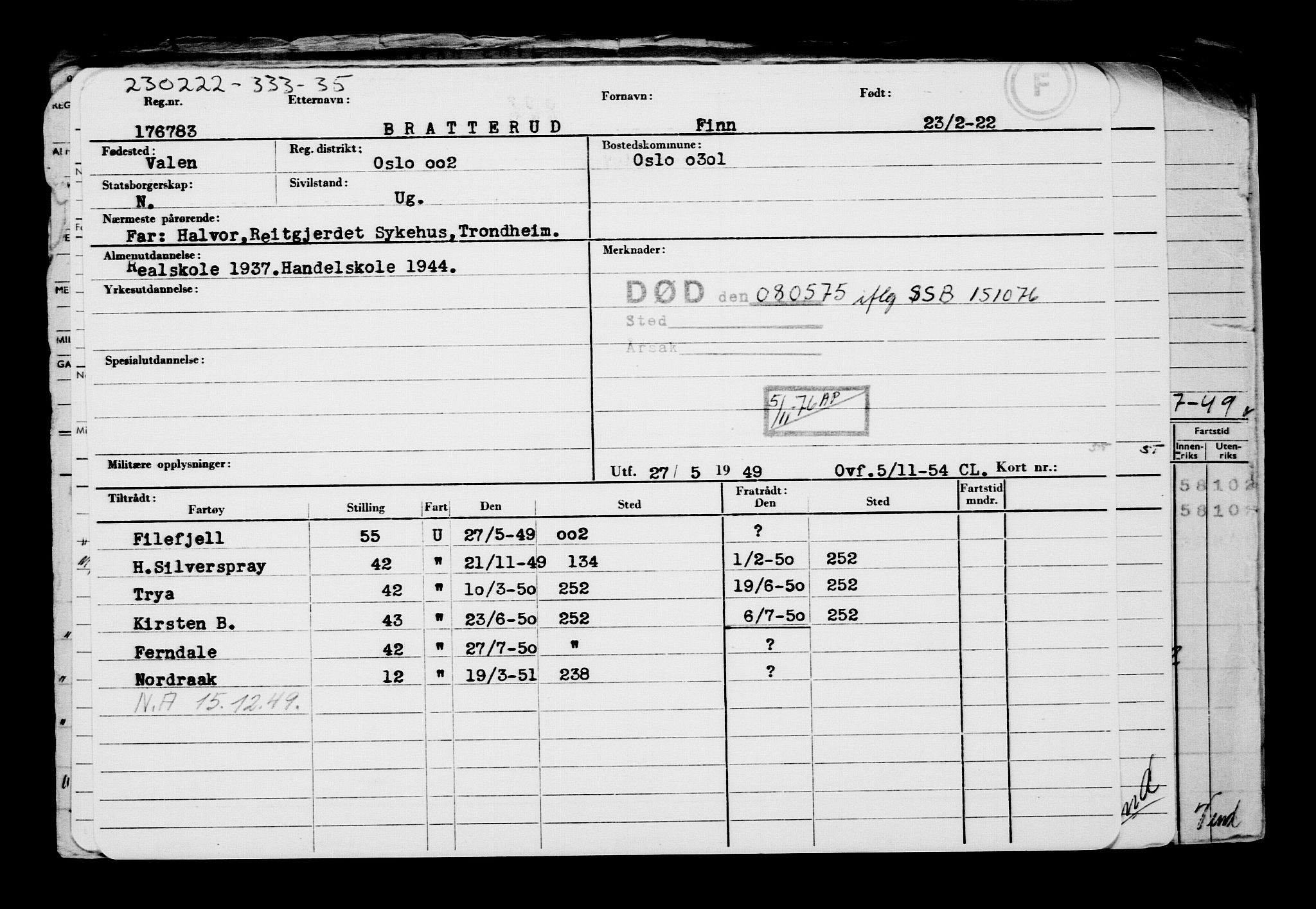 Direktoratet for sjømenn, RA/S-3545/G/Gb/L0203: Hovedkort, 1922, p. 312