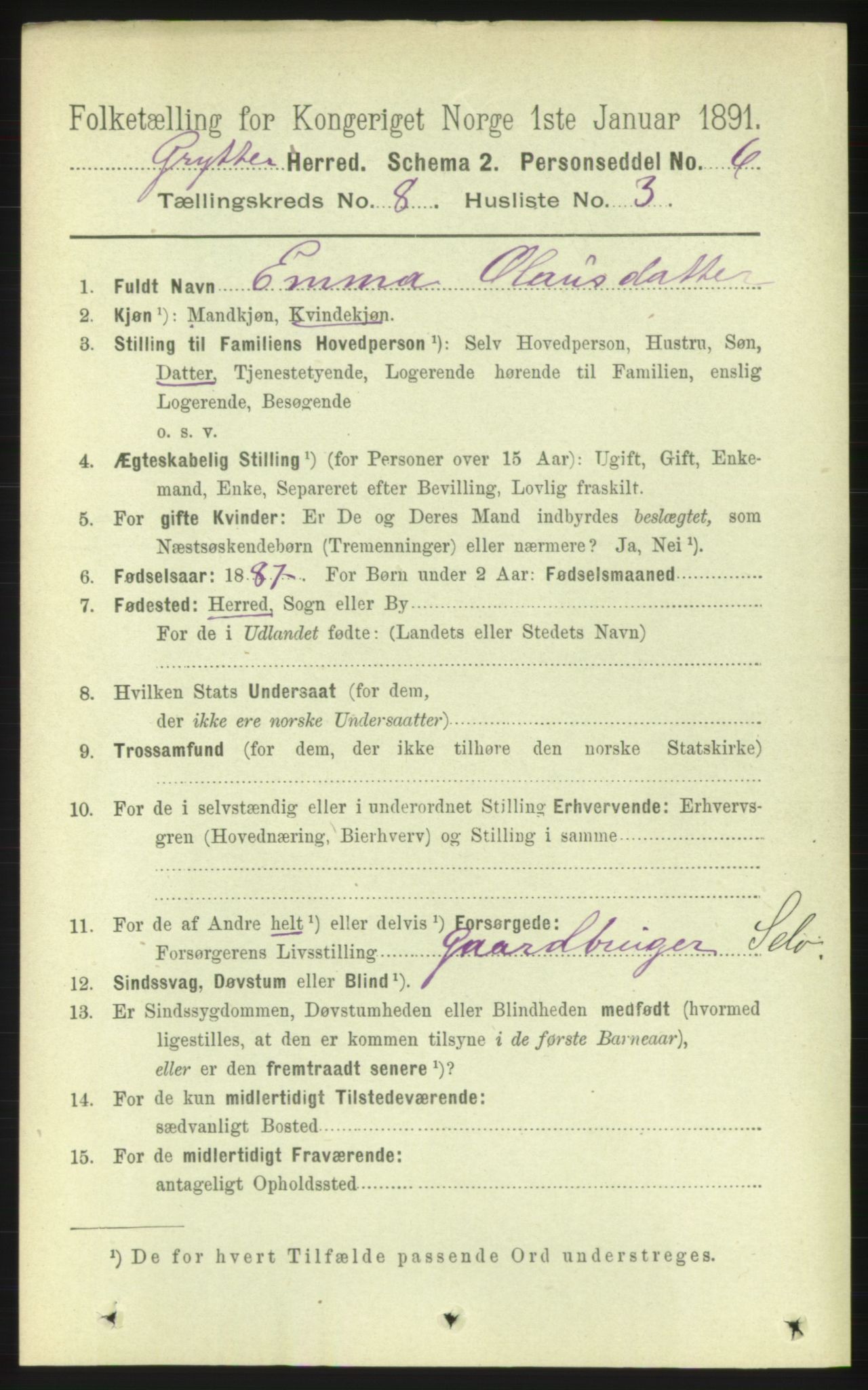 RA, 1891 census for 1539 Grytten, 1891, p. 3176