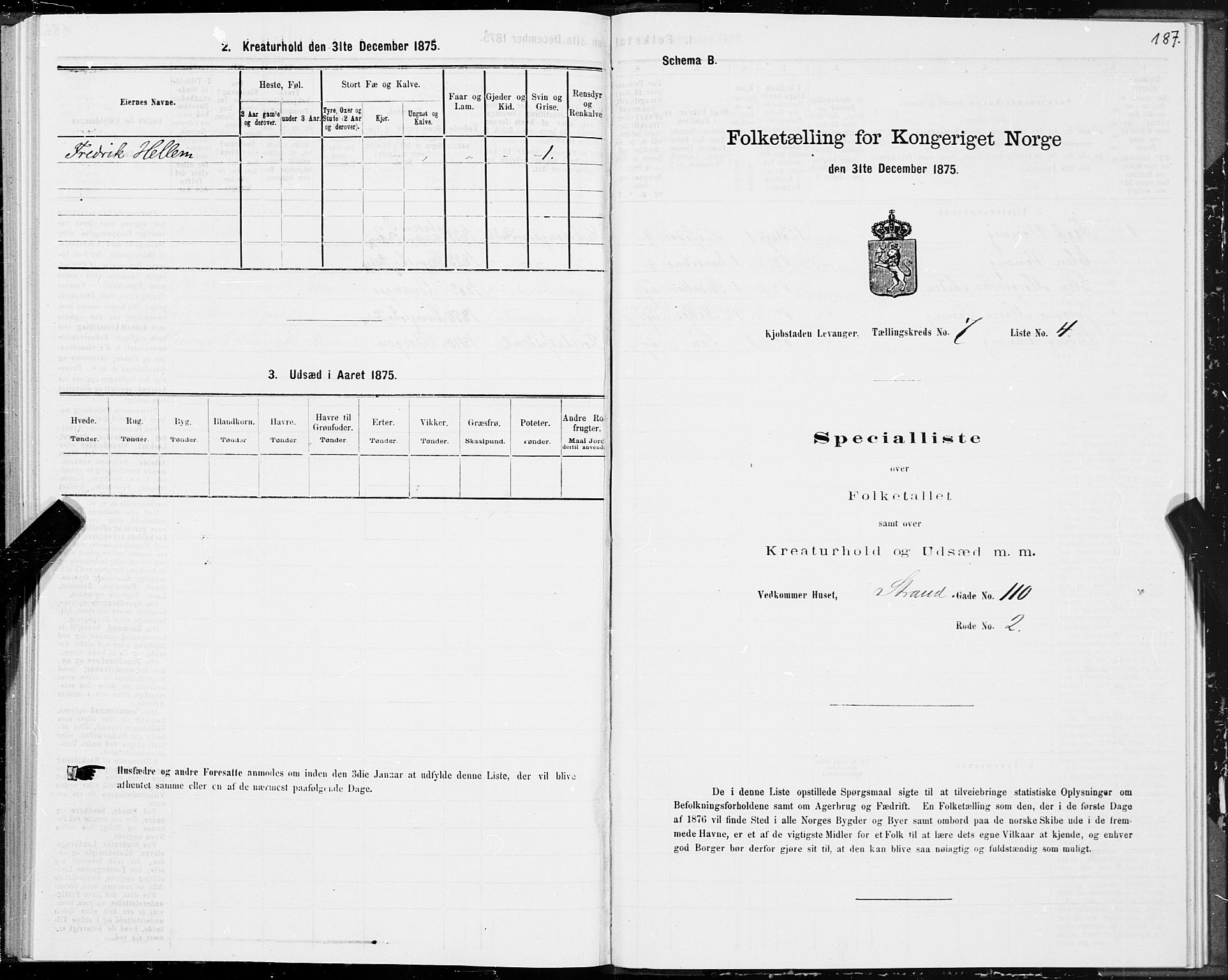 SAT, 1875 census for 1701B Levanger/Levanger, 1875, p. 187