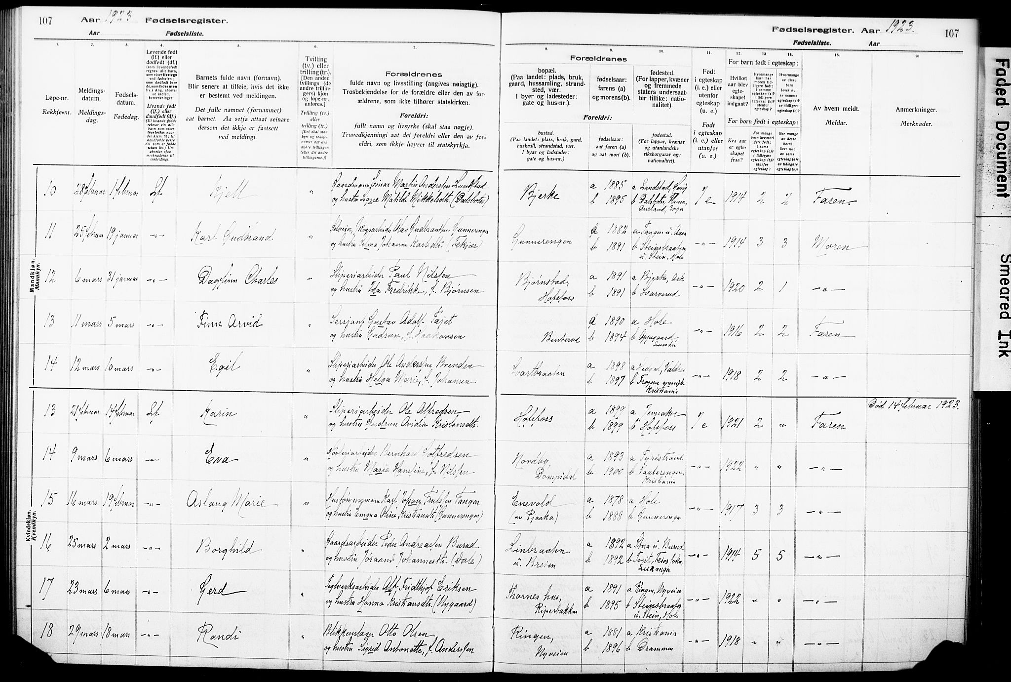 Norderhov kirkebøker, AV/SAKO-A-237/J/Ja/L0001: Birth register no. 1, 1916-1930, p. 107