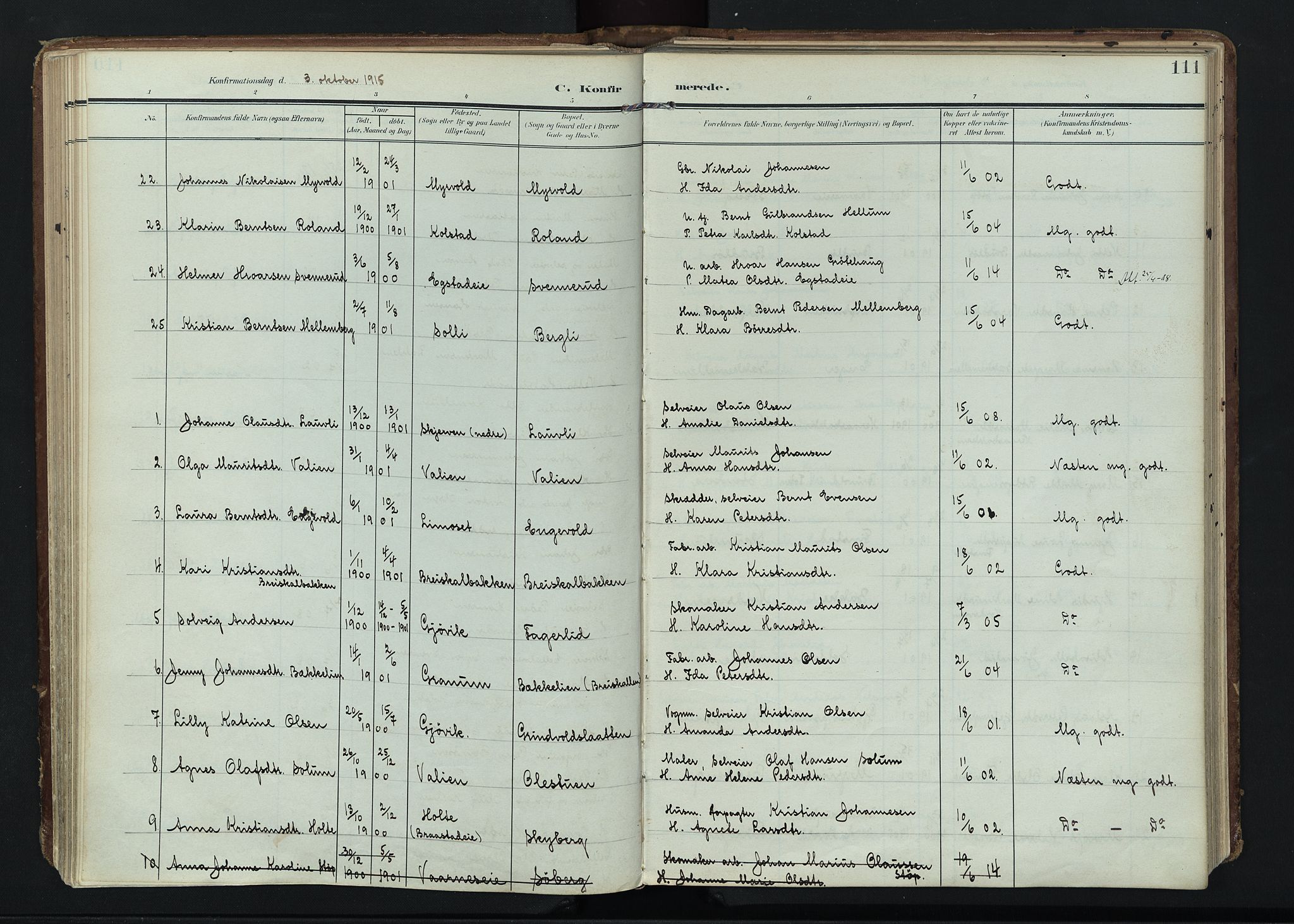 Vardal prestekontor, AV/SAH-PREST-100/H/Ha/Haa/L0020: Parish register (official) no. 20, 1907-1921, p. 111