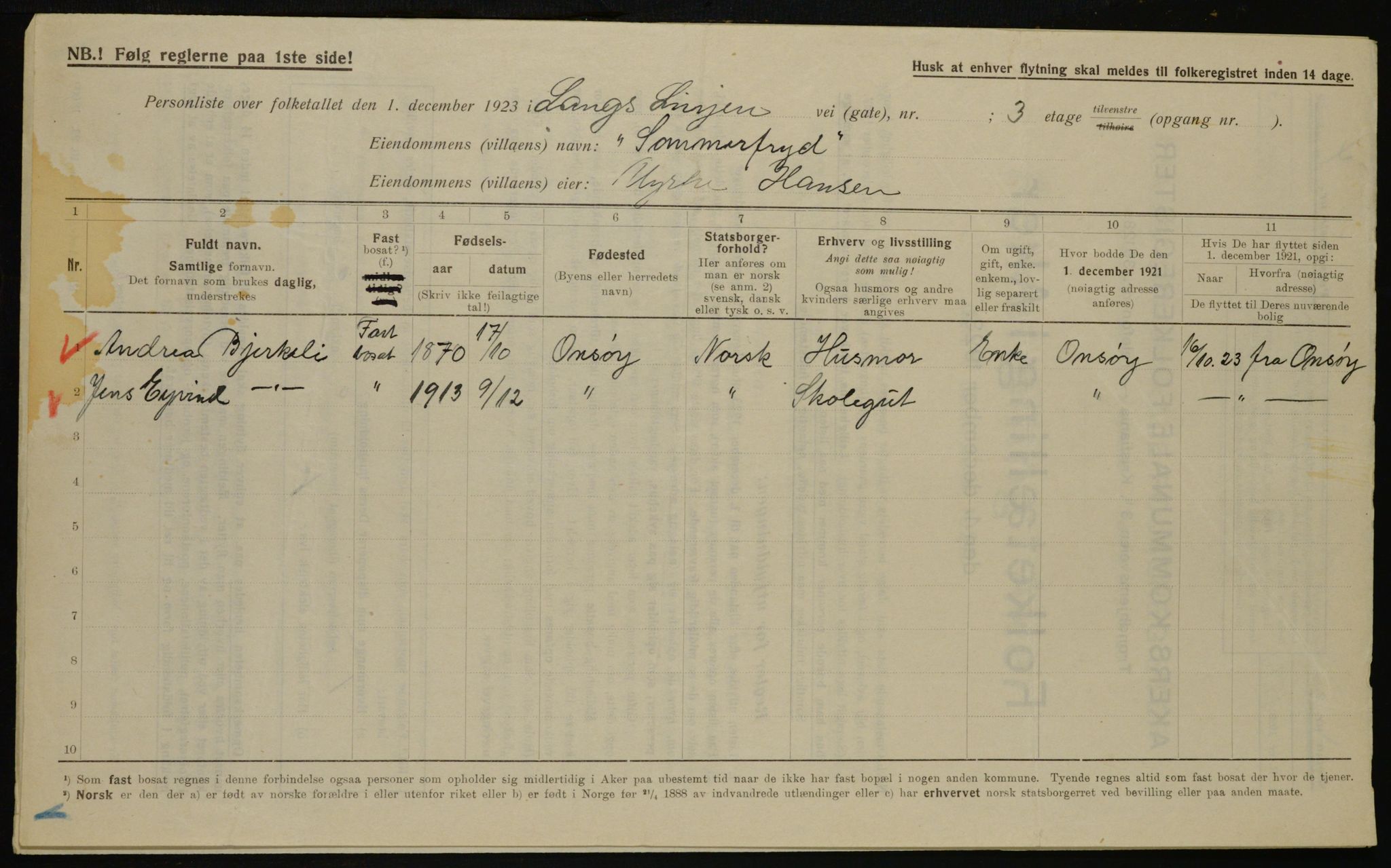 , Municipal Census 1923 for Aker, 1923, p. 45548