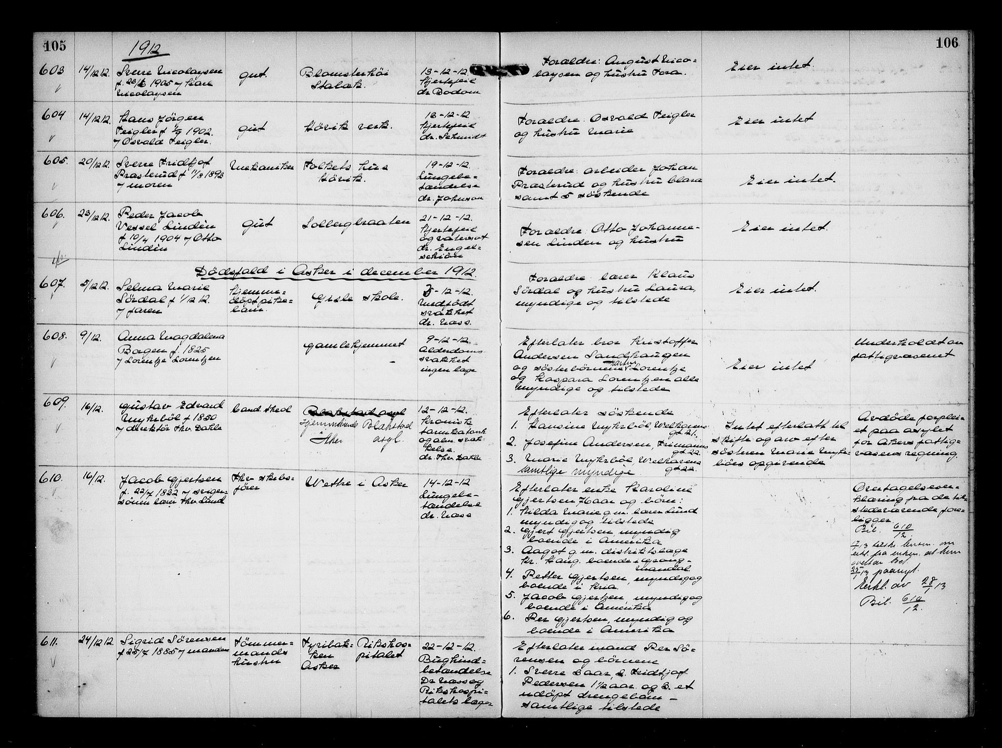 Aker kriminaldommer, skifte- og auksjonsforvalterembete, SAO/A-10452/H/Hb/Hba/Hbaa/L0003: Dødsfallsprotokoll, 1912-1914, p. 105-106