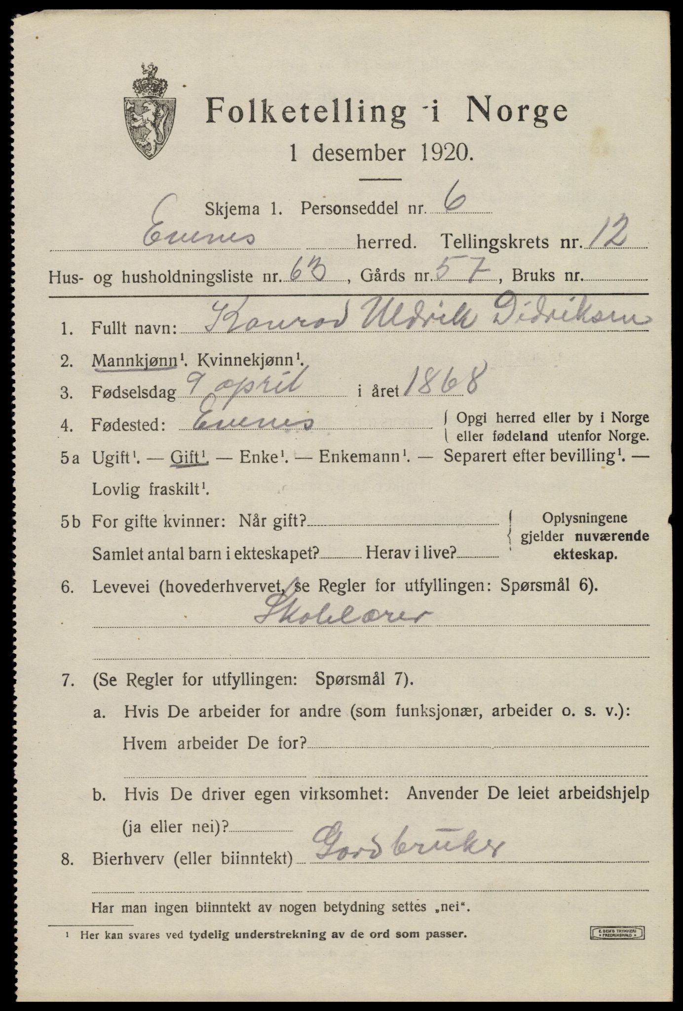 SAT, 1920 census for Evenes, 1920, p. 11892