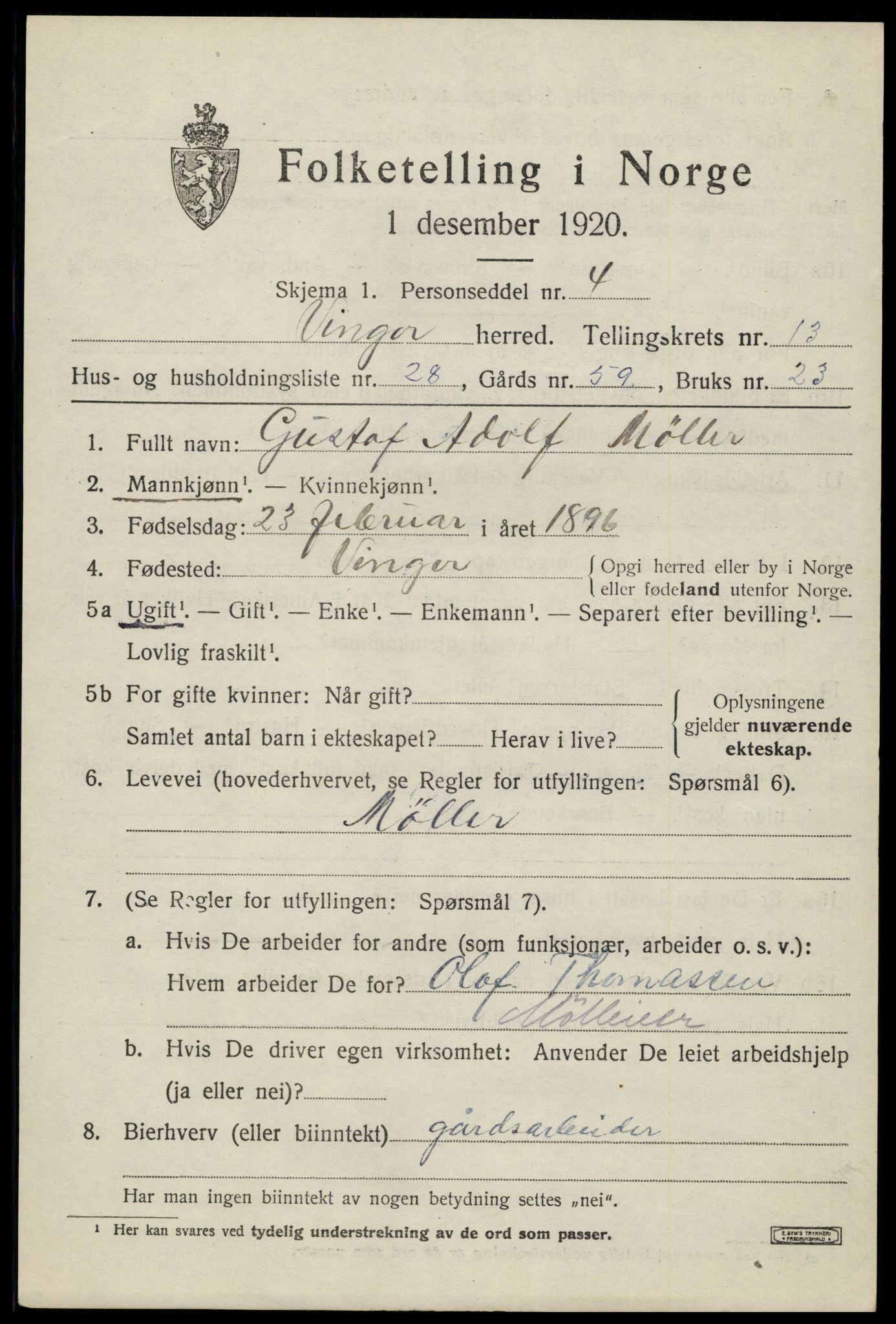 SAH, 1920 census for Vinger, 1920, p. 11362