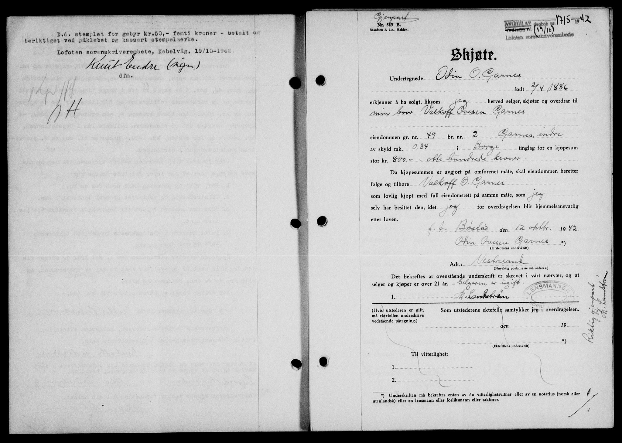 Lofoten sorenskriveri, SAT/A-0017/1/2/2C/L0010a: Mortgage book no. 10a, 1942-1943, Diary no: : 1715/1942