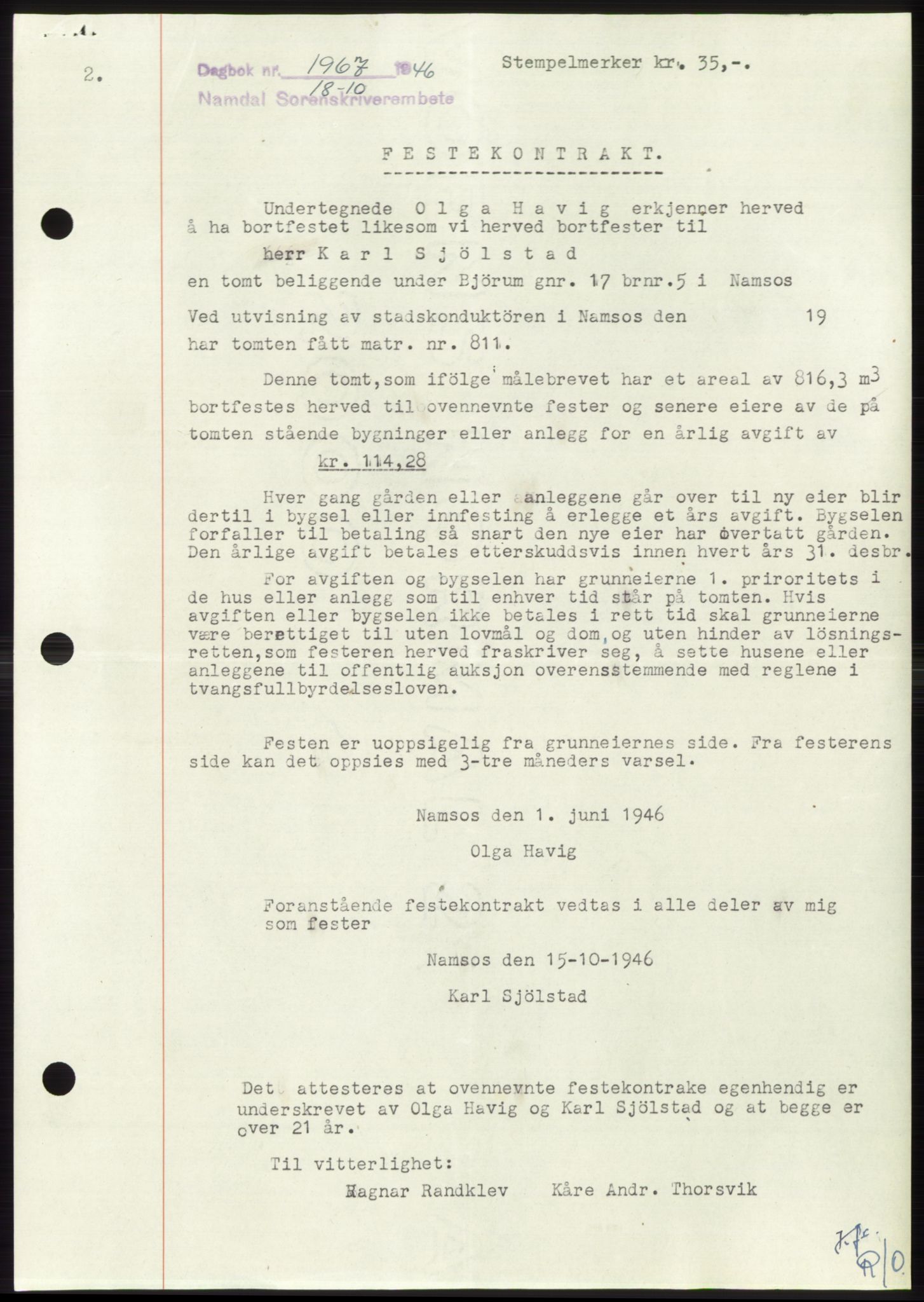 Namdal sorenskriveri, AV/SAT-A-4133/1/2/2C: Mortgage book no. -, 1946-1947, Diary no: : 1967/1946