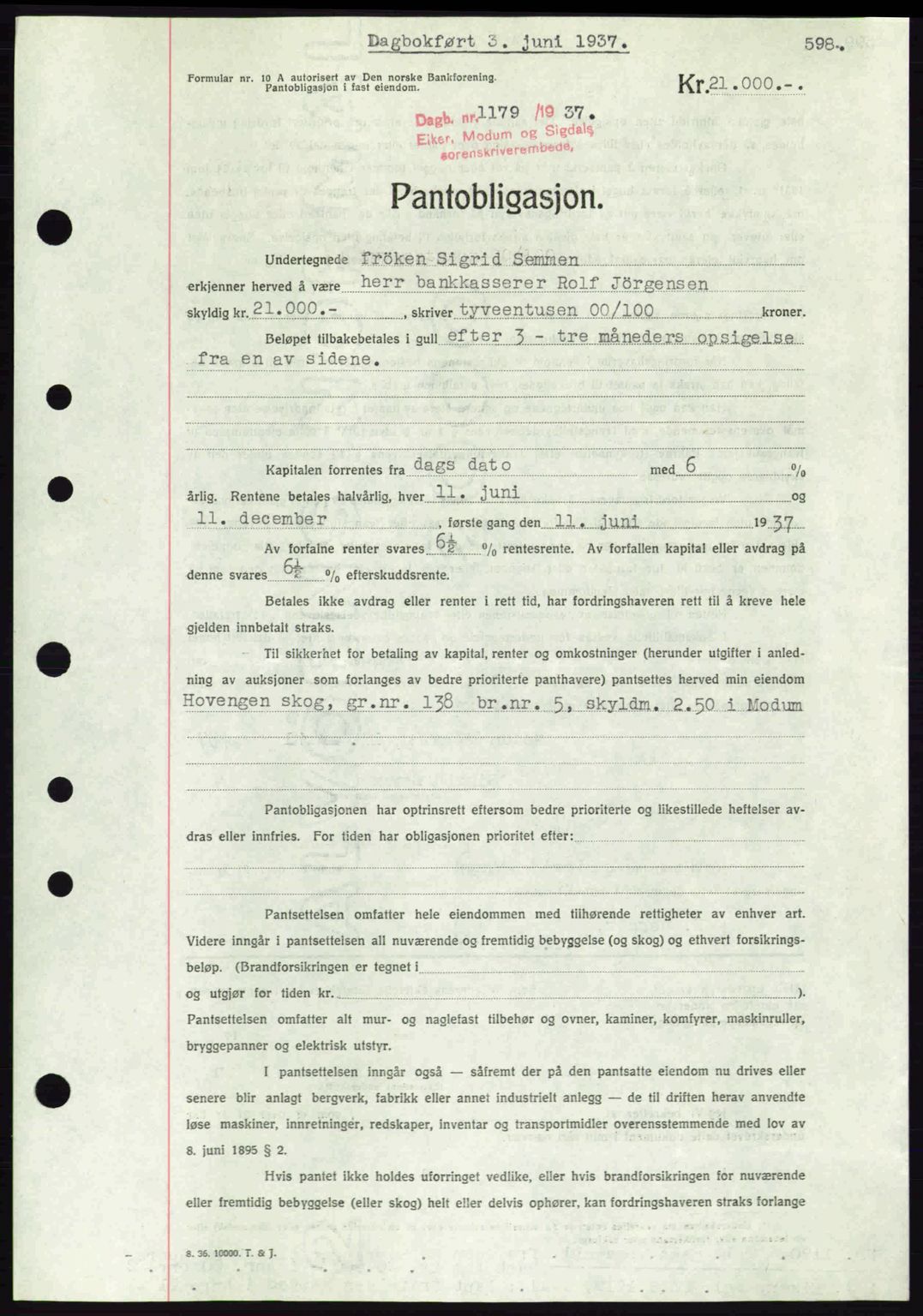 Eiker, Modum og Sigdal sorenskriveri, SAKO/A-123/G/Ga/Gab/L0035: Mortgage book no. A5, 1937-1937, Diary no: : 1179/1937