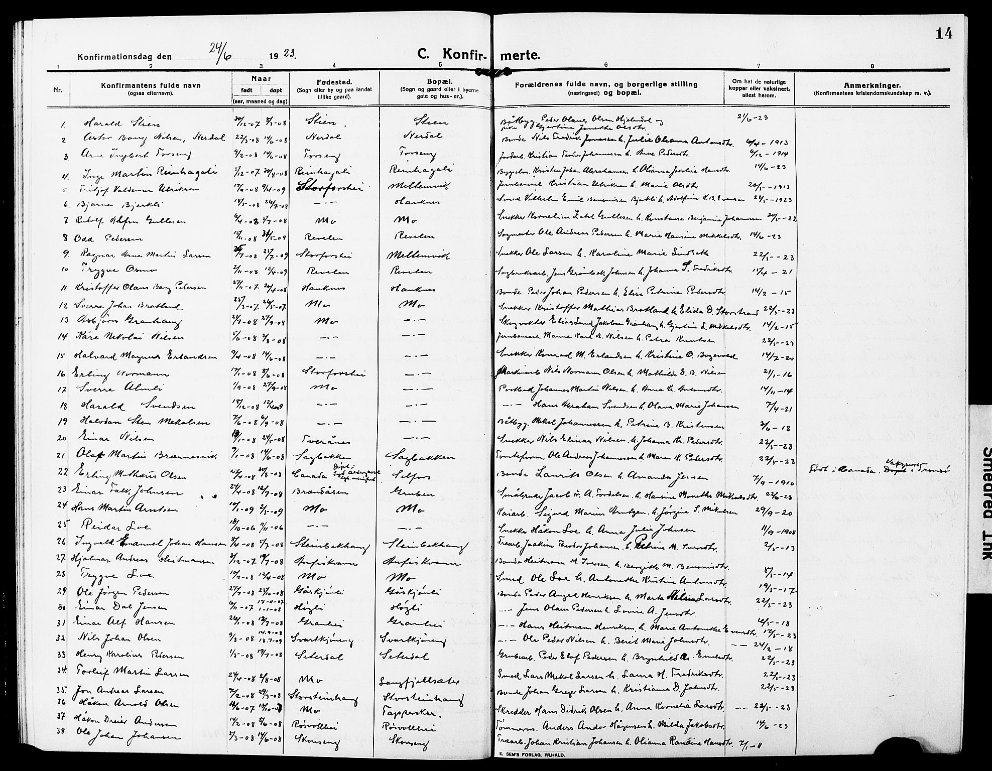 Ministerialprotokoller, klokkerbøker og fødselsregistre - Nordland, SAT/A-1459/827/L0424: Parish register (copy) no. 827C13, 1921-1930, p. 14