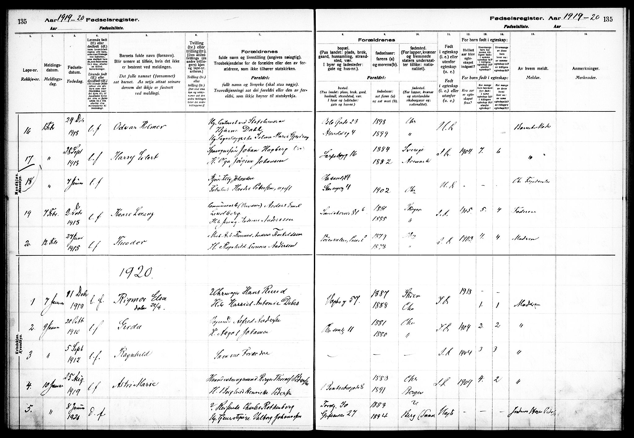 Sagene prestekontor Kirkebøker, SAO/A-10796/J/L0001: Birth register no. 1, 1916-1920, p. 135