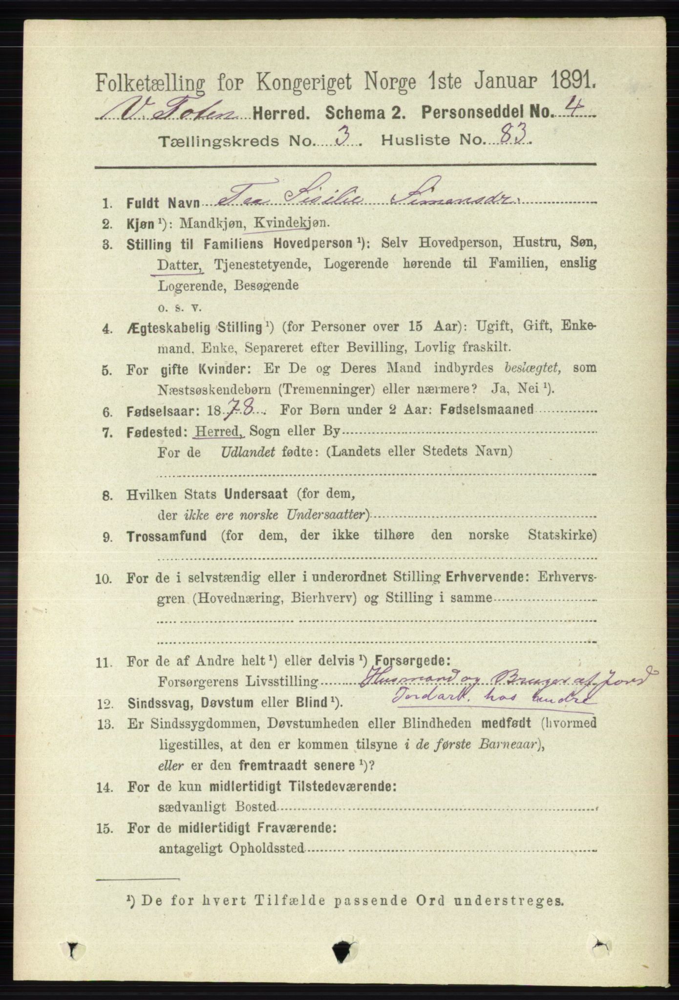 RA, 1891 census for 0529 Vestre Toten, 1891, p. 2416