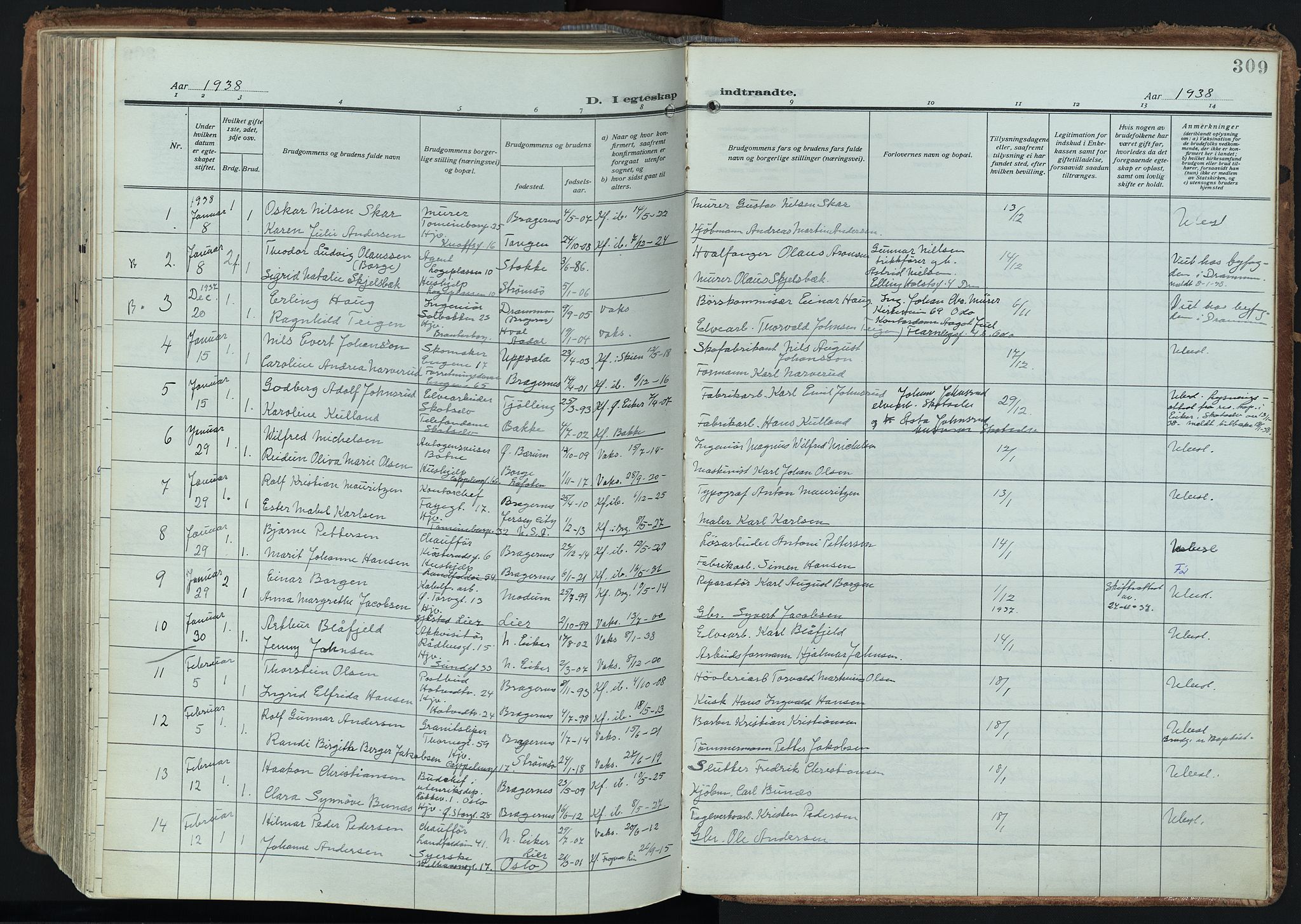 Bragernes kirkebøker, AV/SAKO-A-6/F/Fc/L0009: Parish register (official) no. III 9, 1921-1939, p. 309