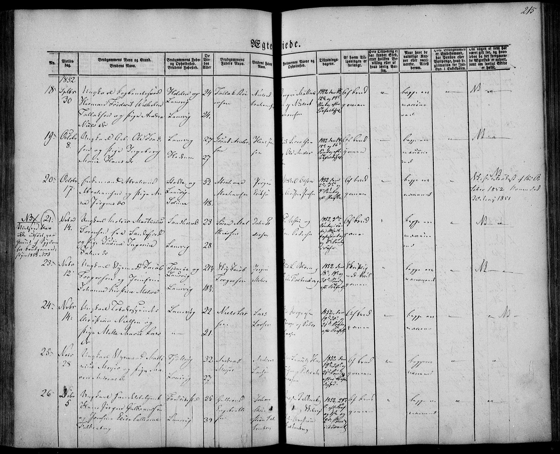 Larvik kirkebøker, AV/SAKO-A-352/F/Fa/L0003: Parish register (official) no. I 3, 1848-1856, p. 215