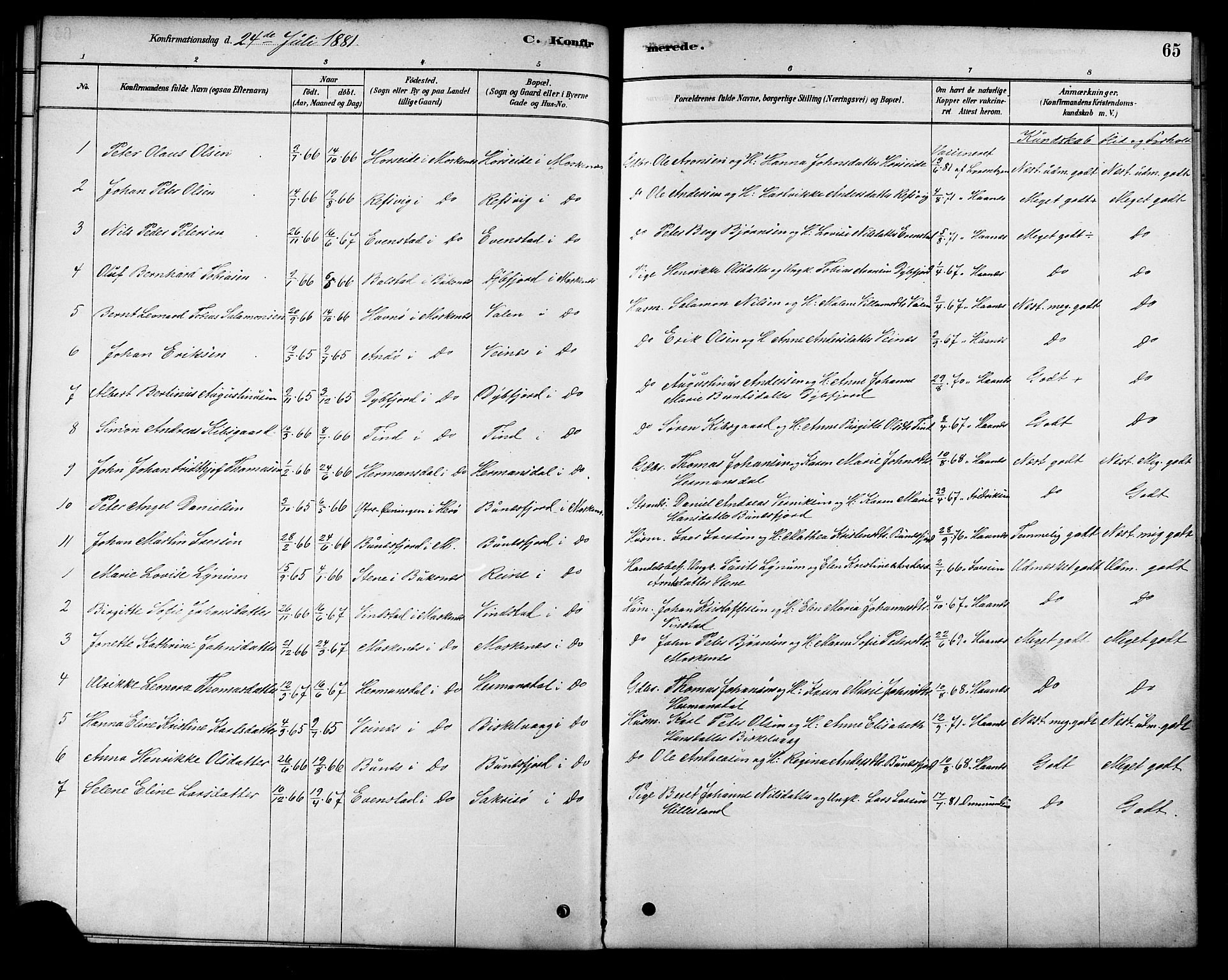 Ministerialprotokoller, klokkerbøker og fødselsregistre - Nordland, SAT/A-1459/886/L1219: Parish register (official) no. 886A01, 1878-1892, p. 65
