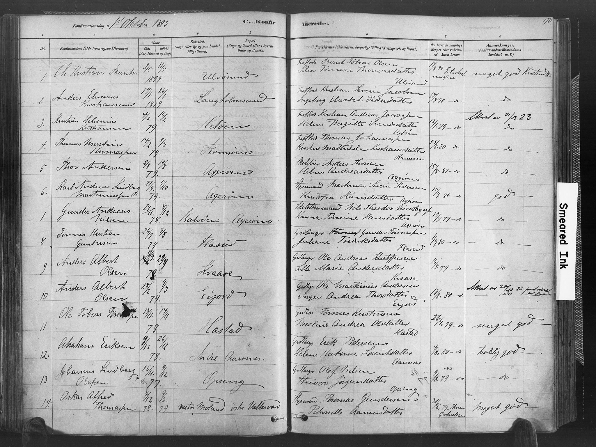 Høvåg sokneprestkontor, SAK/1111-0025/F/Fa/L0005: Parish register (official) no. A 5, 1878-1893, p. 170