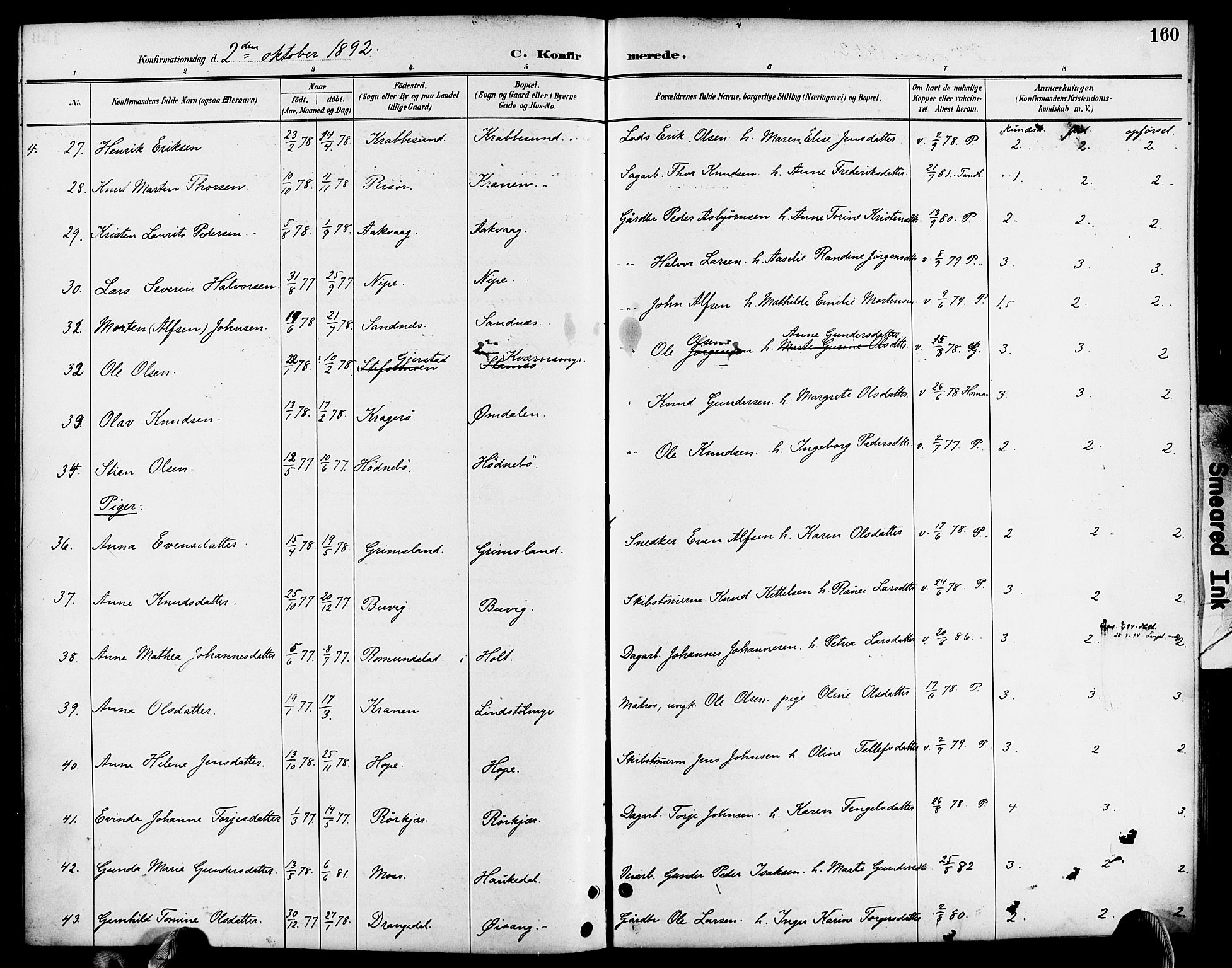 Søndeled sokneprestkontor, AV/SAK-1111-0038/F/Fa/L0005: Parish register (official) no. A 5, 1889-1899, p. 160