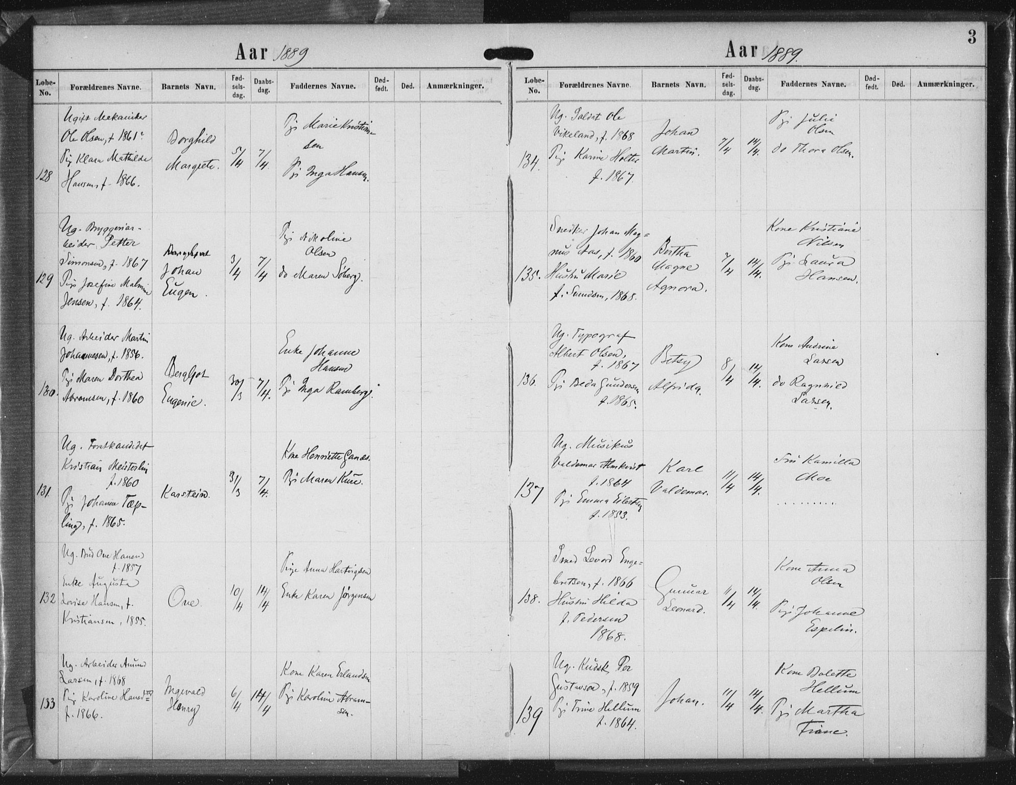 Rikshospitalet prestekontor Kirkebøker, AV/SAO-A-10309b/K/L0003/0003: Baptism register no. 3.3, 1889-1892, p. 3