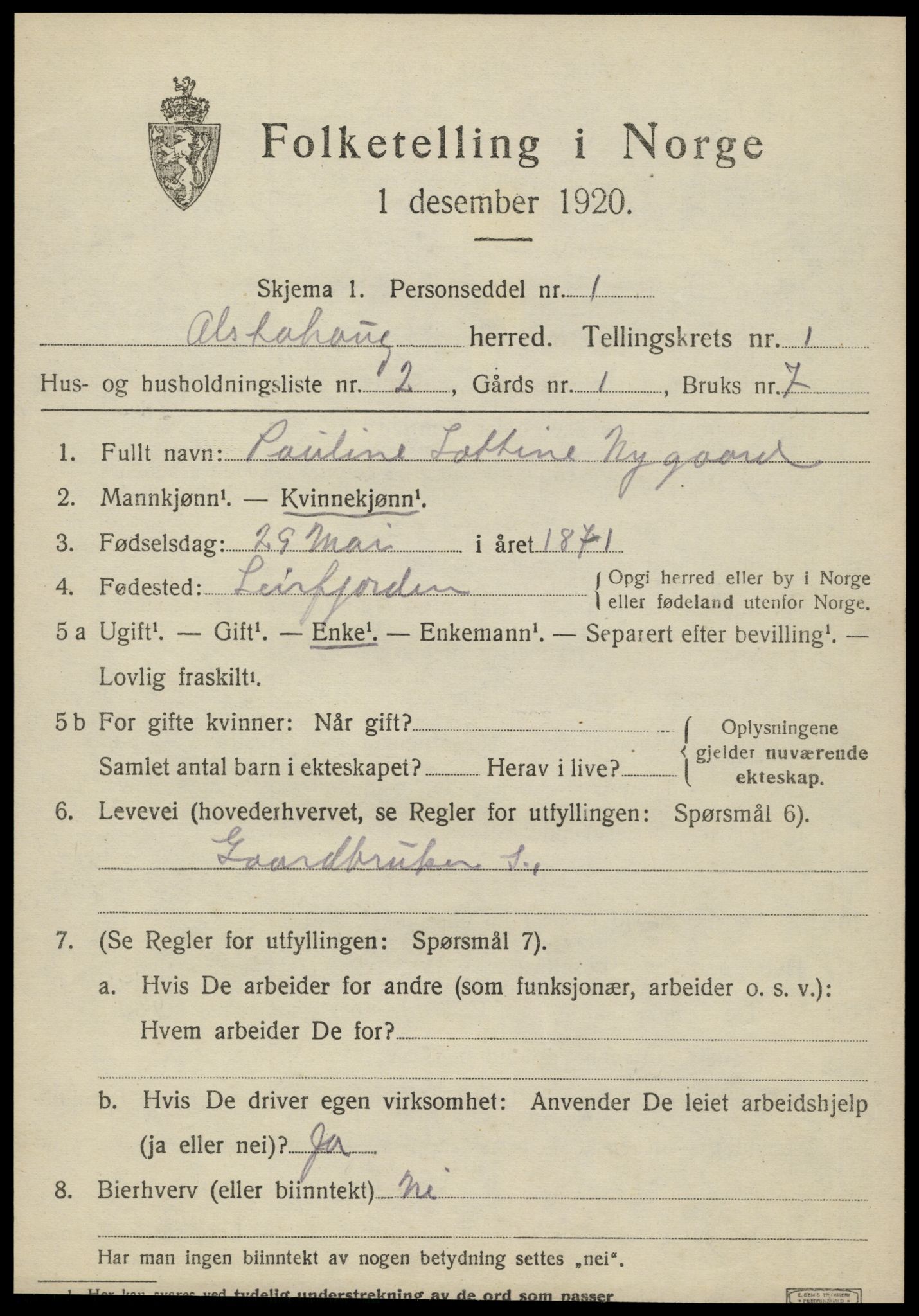 SAT, 1920 census for Alstahaug, 1920, p. 591