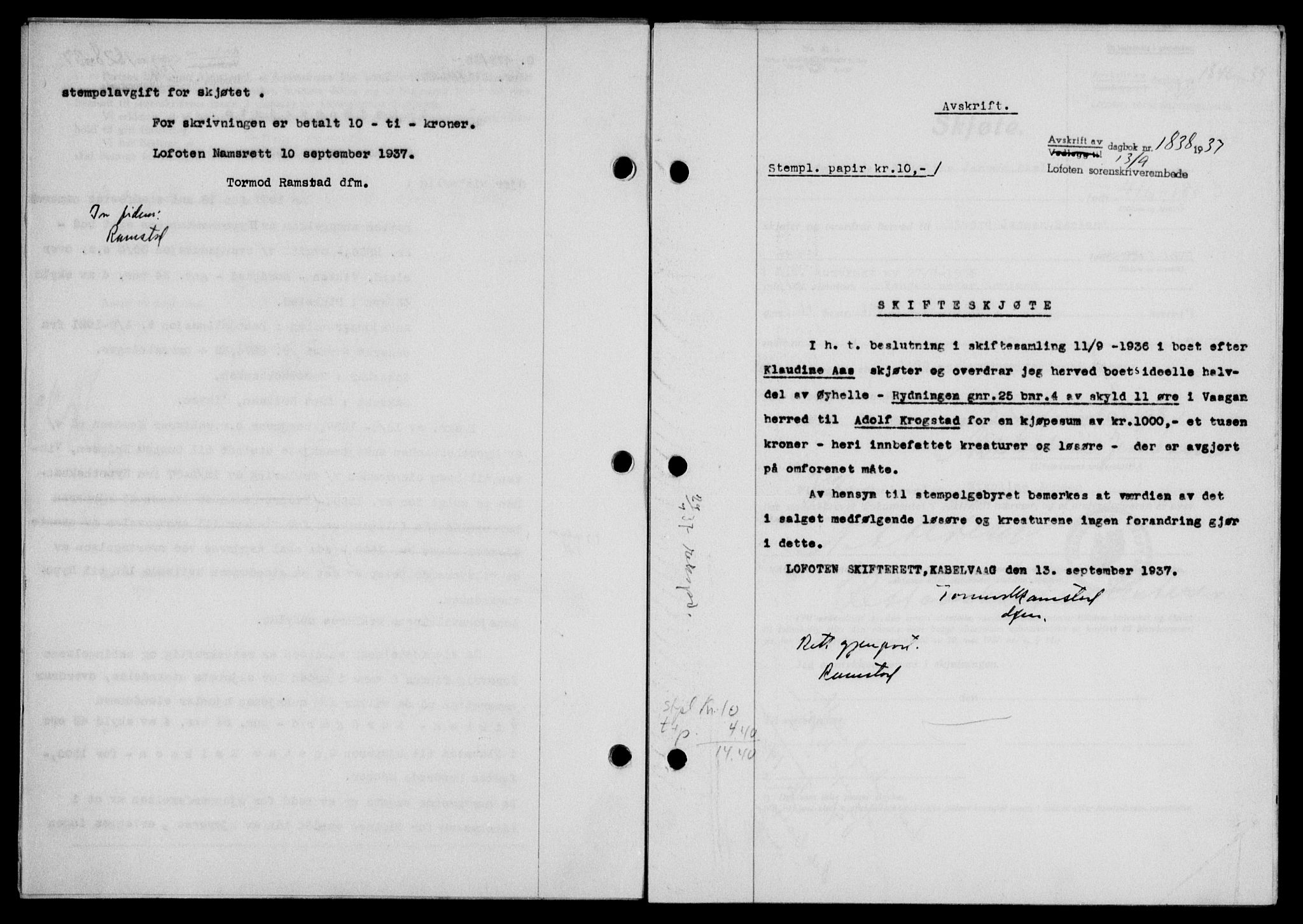 Lofoten sorenskriveri, SAT/A-0017/1/2/2C/L0002a: Mortgage book no. 2a, 1937-1937, Diary no: : 1838/1937