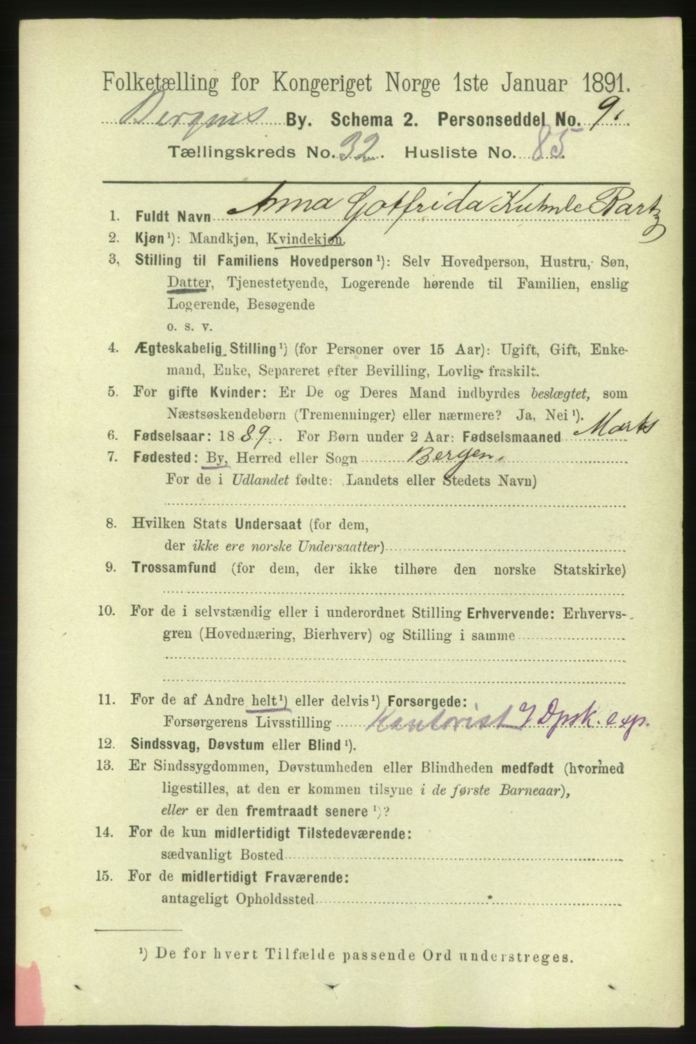 RA, 1891 Census for 1301 Bergen, 1891, p. 40909