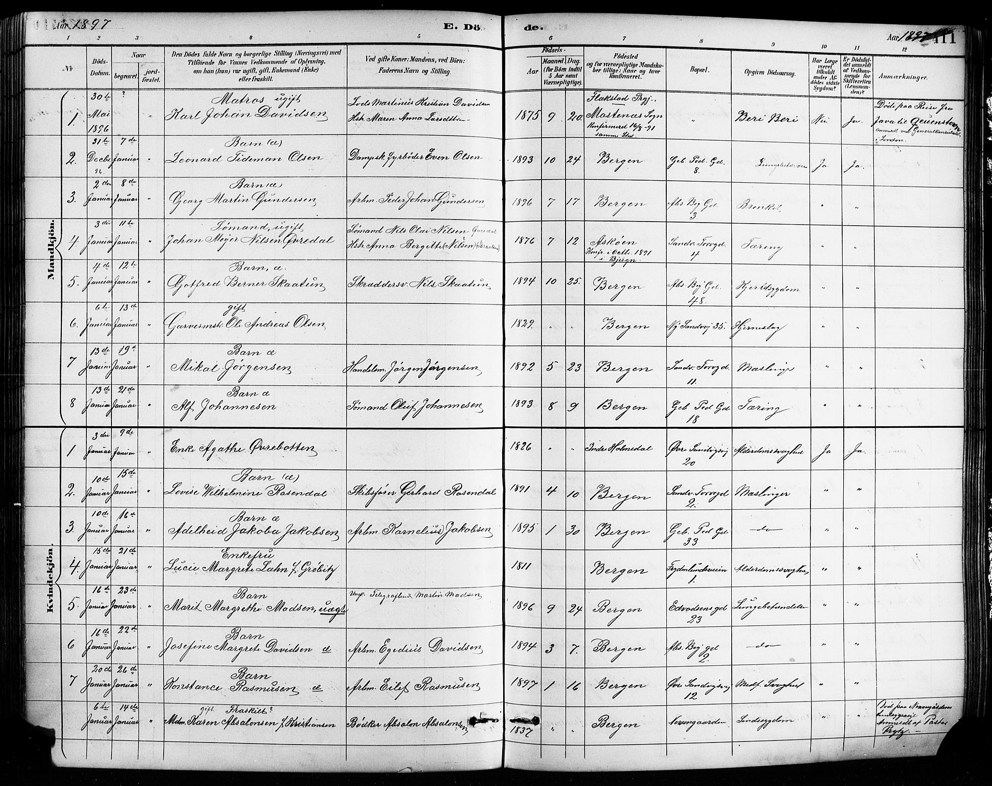 Sandviken Sokneprestembete, SAB/A-77601/H/Hb/L0002: Parish register (copy) no. A 3, 1888-1902, p. 411