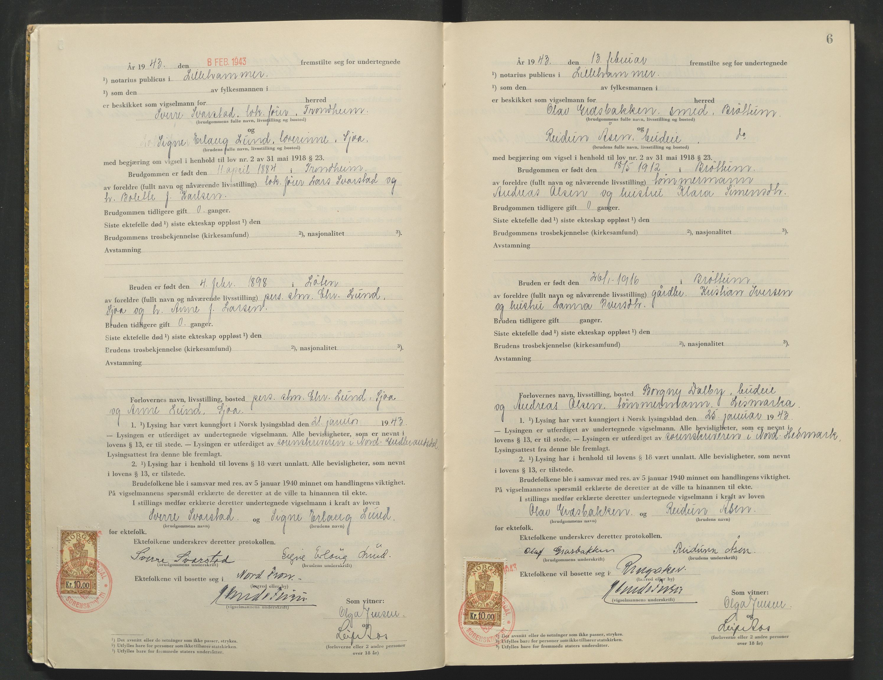 Sør-Gudbrandsdal tingrett, AV/SAH-TING-004/L/Lc/L0003: Vigselsprotokoll, 1943, p. 6
