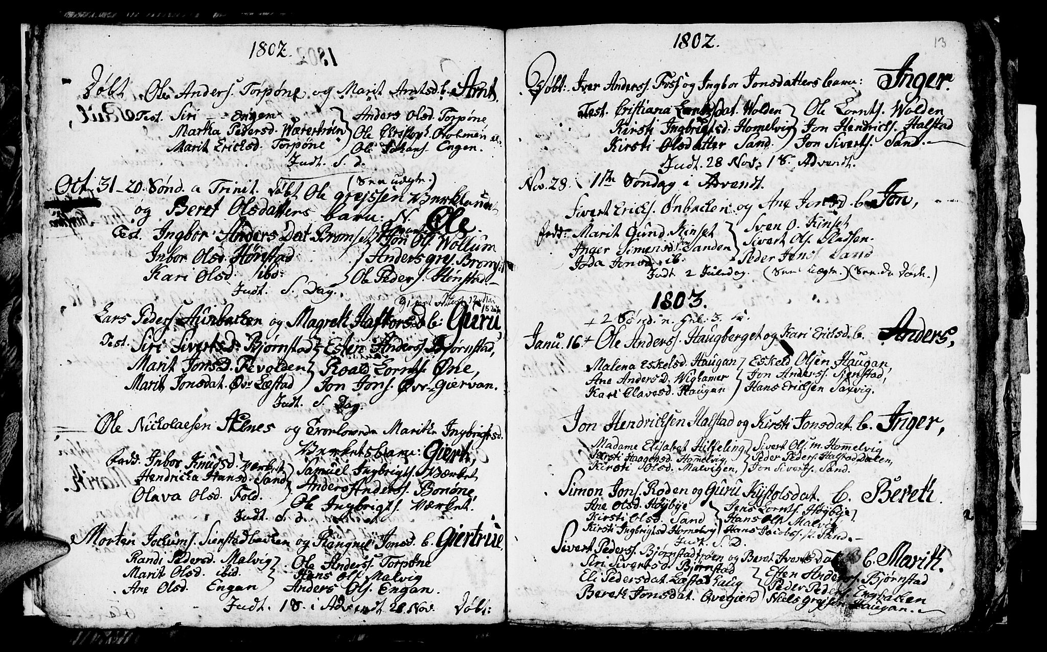 Ministerialprotokoller, klokkerbøker og fødselsregistre - Sør-Trøndelag, SAT/A-1456/616/L0419: Parish register (copy) no. 616C02, 1797-1816, p. 13